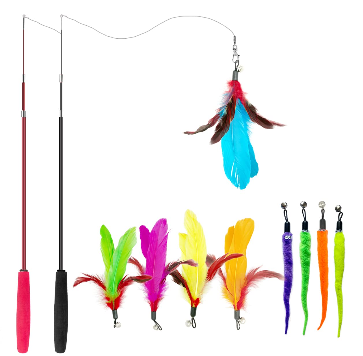 Vovamo Cat Toys Interactive Cat Toy Wand Kitten Toys 2pcs Retractable Cat Wand Toy and 9pcs Cat Feather Toys Teaser Refills, Cat