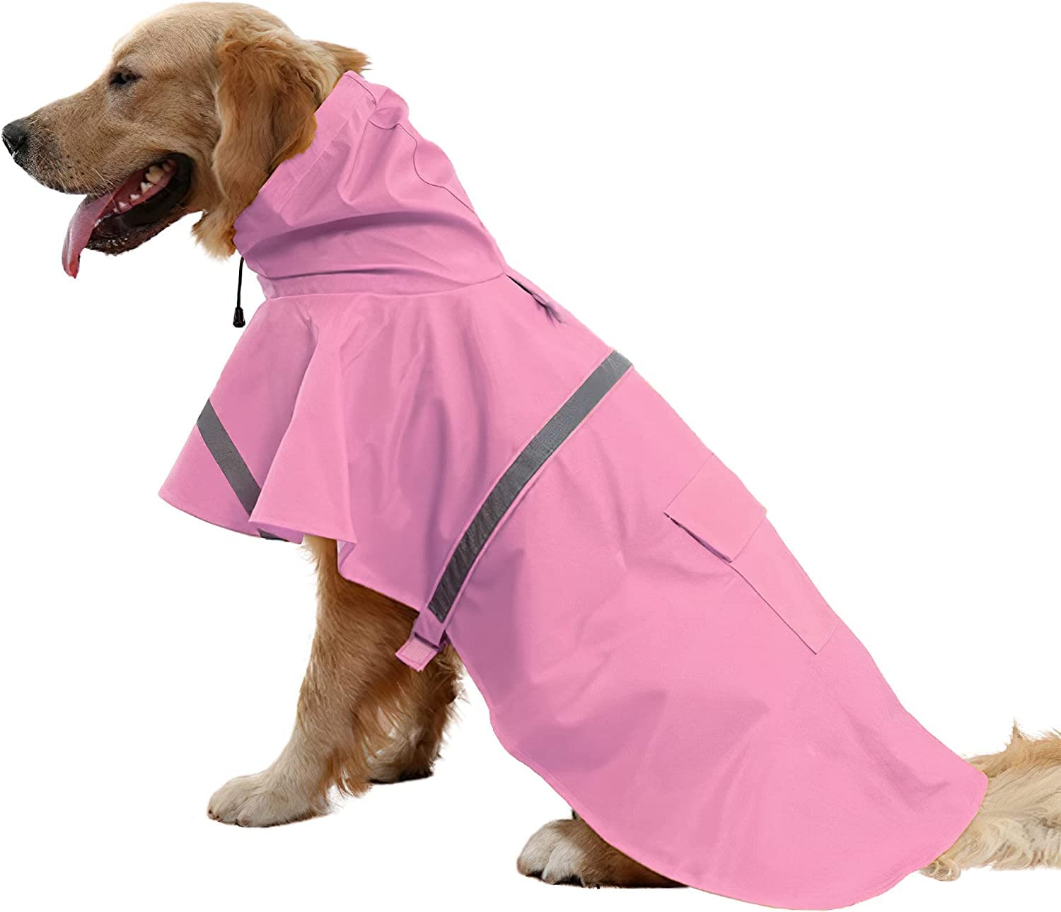 Mikayoo Large Dog Raincoat Adjustable Pet Waterproof Clothes Lightweight Rain Jacket Poncho Hoodies with Strip Reflective(Pink,X