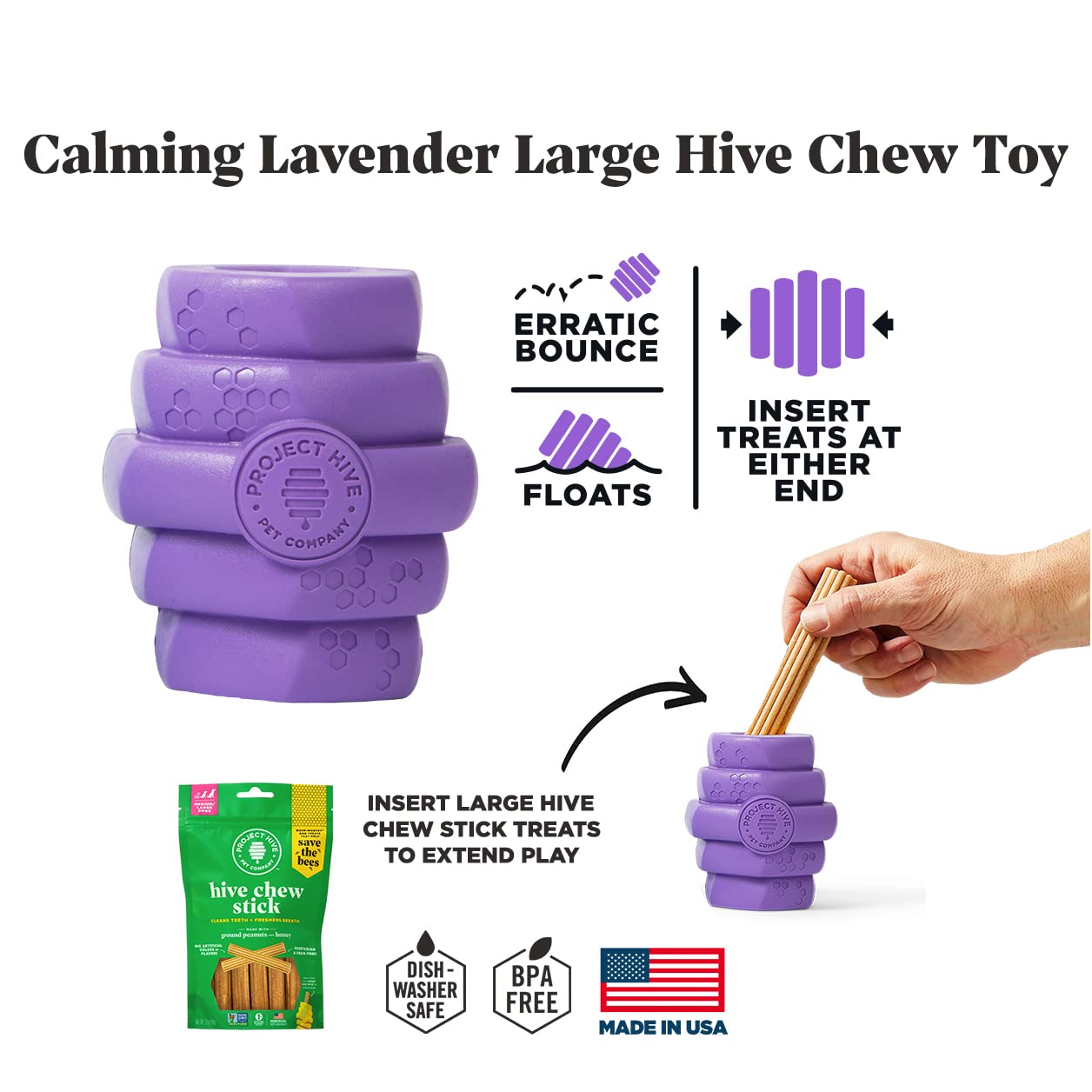 Project Hive Pet Company - Calming Lavender Scented - Hive Chew Toy For Large Dogs - Dog Chew Toy For Large Breeds - Floats In W