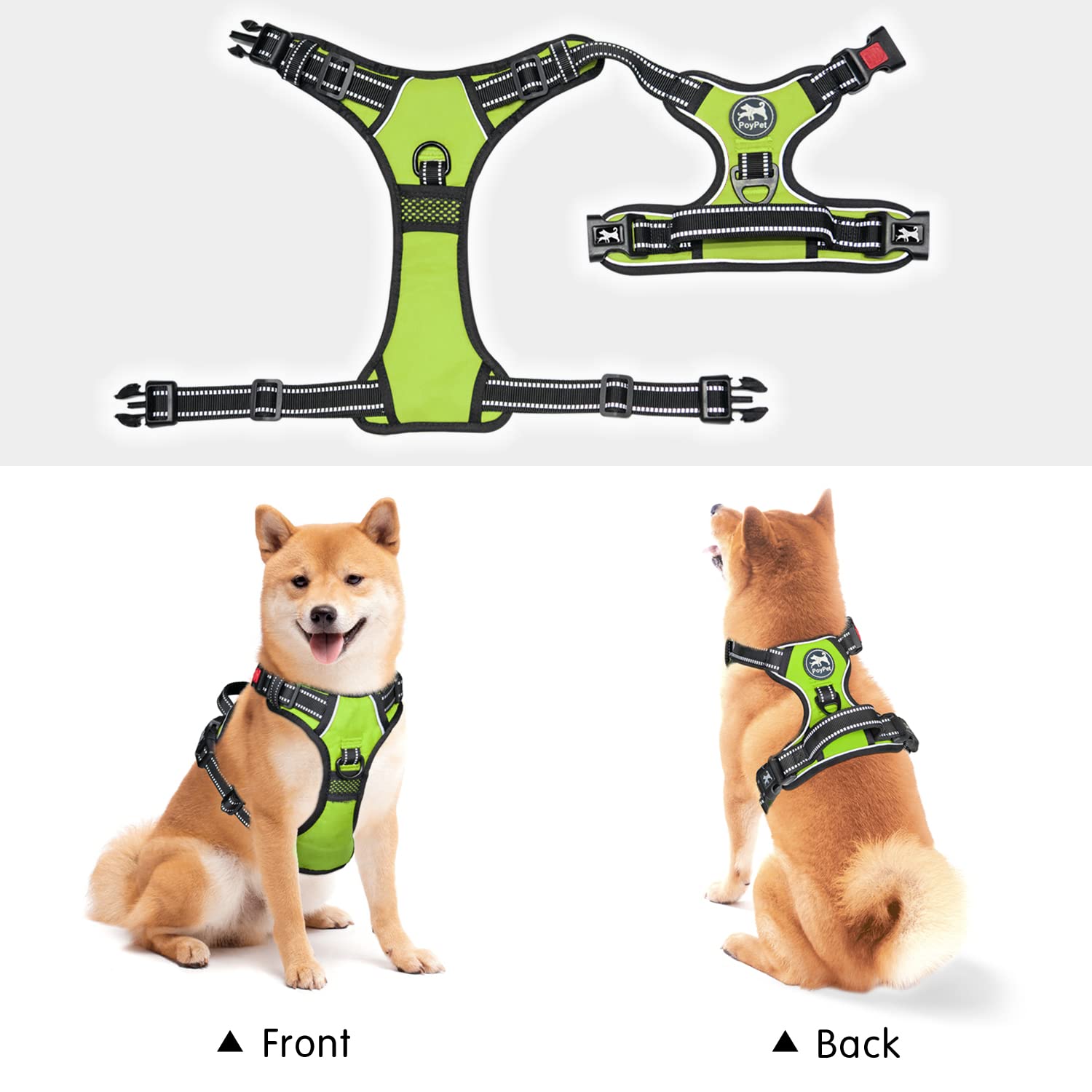Poypet No Pull Dog Harness, No Choke Front Clip Dog Reflective Harness, Adjustable Soft Padded Pet Vest With Easy Control Handle For Small To Large Dogs(Green,L)