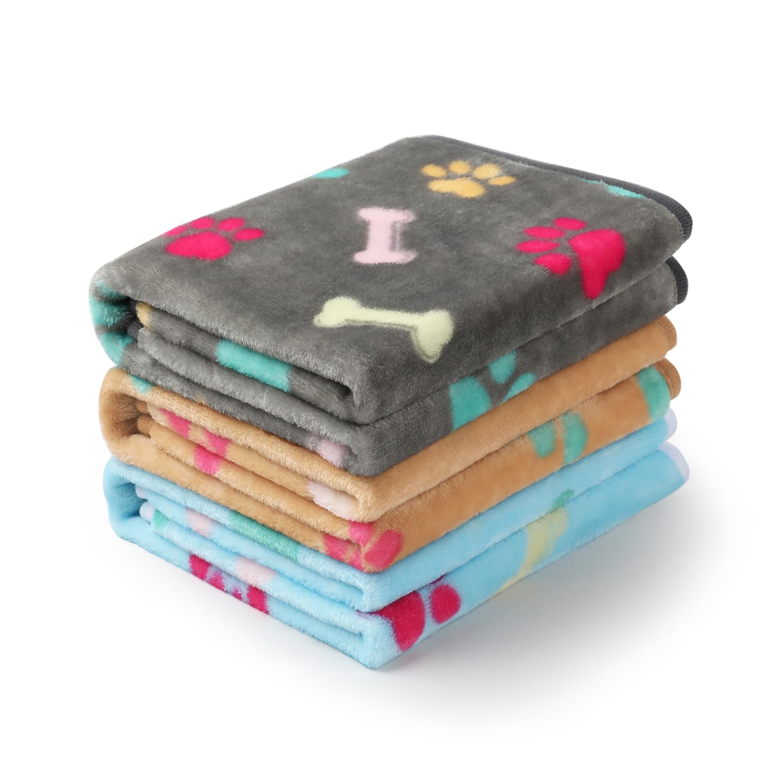 Luciphia 1 Pack 3 Blankets Fluffy Premium Fleece Pet Blanket Flannel Paw Bone Printed Throw For Dog Cat(Medium 30'X20', Khaki/Blue/Navy)
