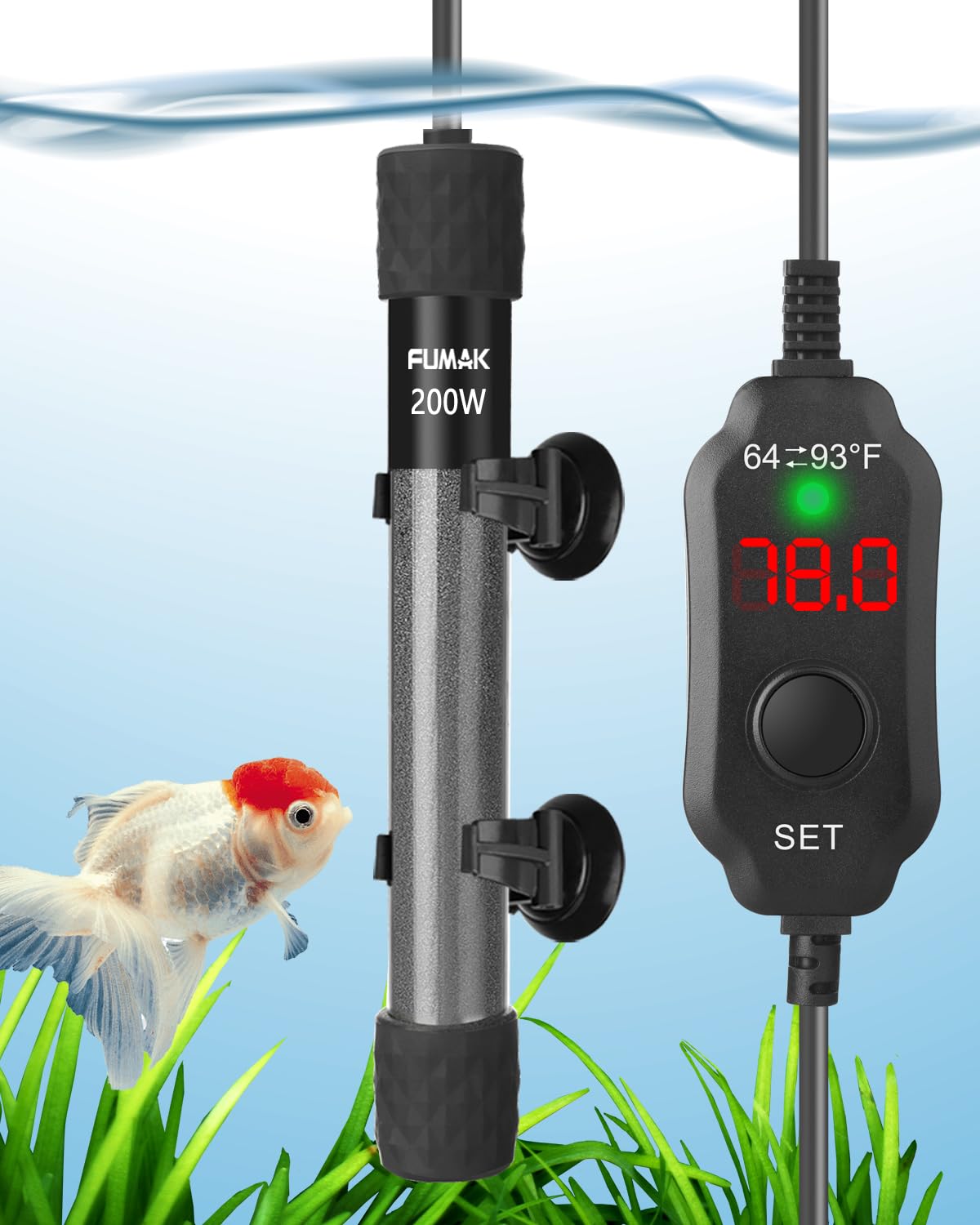 FUMAK 200W Adjustable Aquarium Heater Super Short Submersible Fish Tank Heater Fish Heater with LED Digital Display Thermostat, 