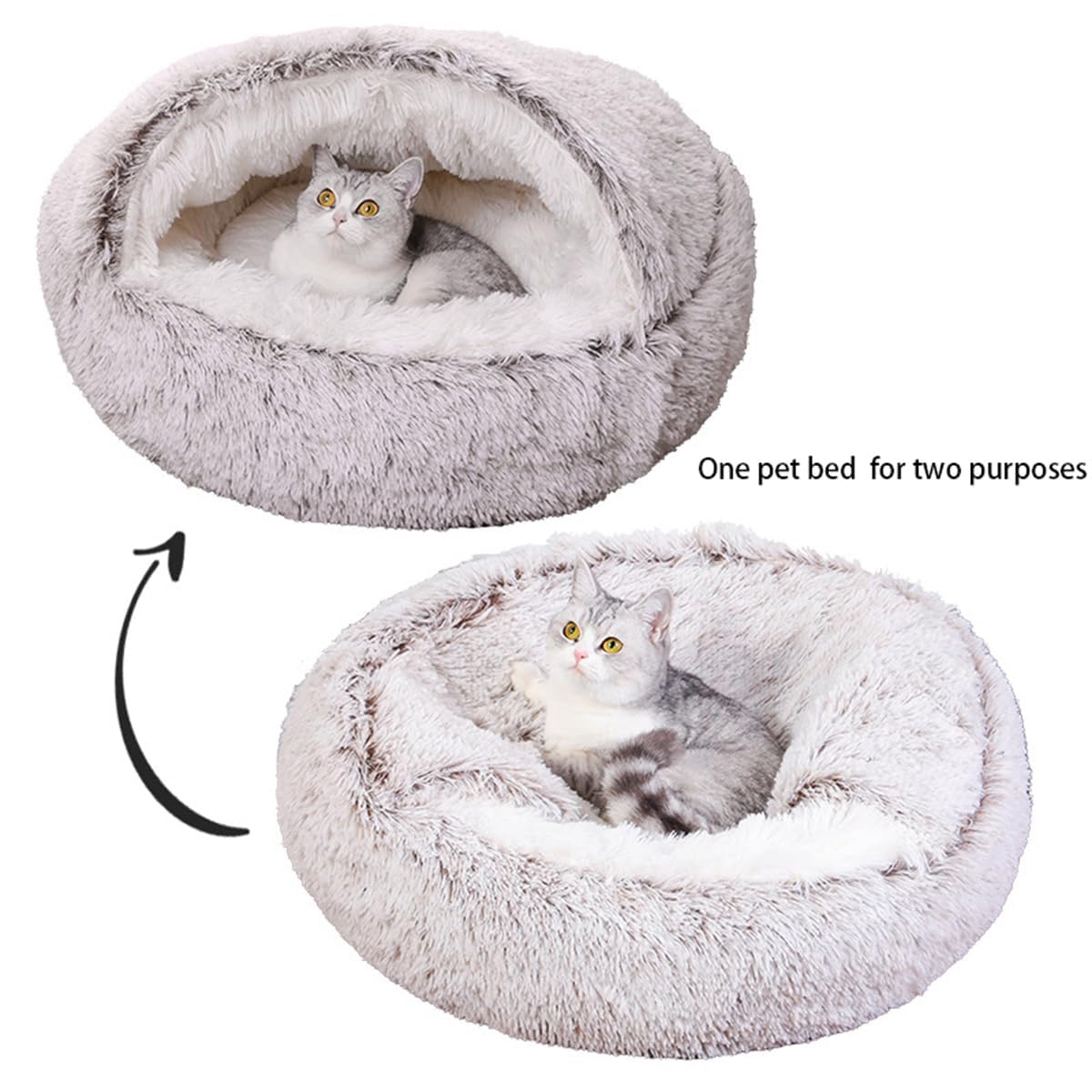 Coffee Cat Bed Round Fluffy Hooded Donut Cave With Non-Collapsed Plush Cover For Indoor Cats - Calming Dog Beds Anti-Slip Waterp