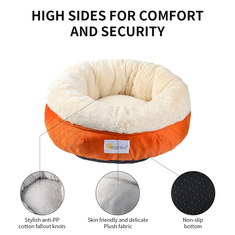 Xinsource Cozy Round Pet Bed - High Walls For Extra Support, Soft Plush Interior, Orange/Grey With Non-Slip Bottom, Machine Wash