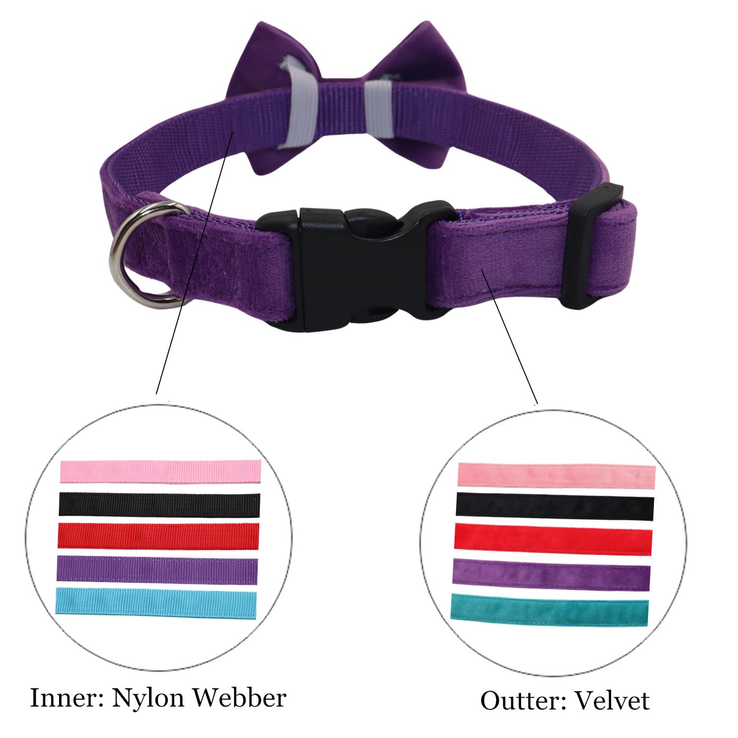 Wdpaws Dog Collar With Bowtie Soft Velvet Material With Quick Release Buckle For Large Dogs (Purple, L)