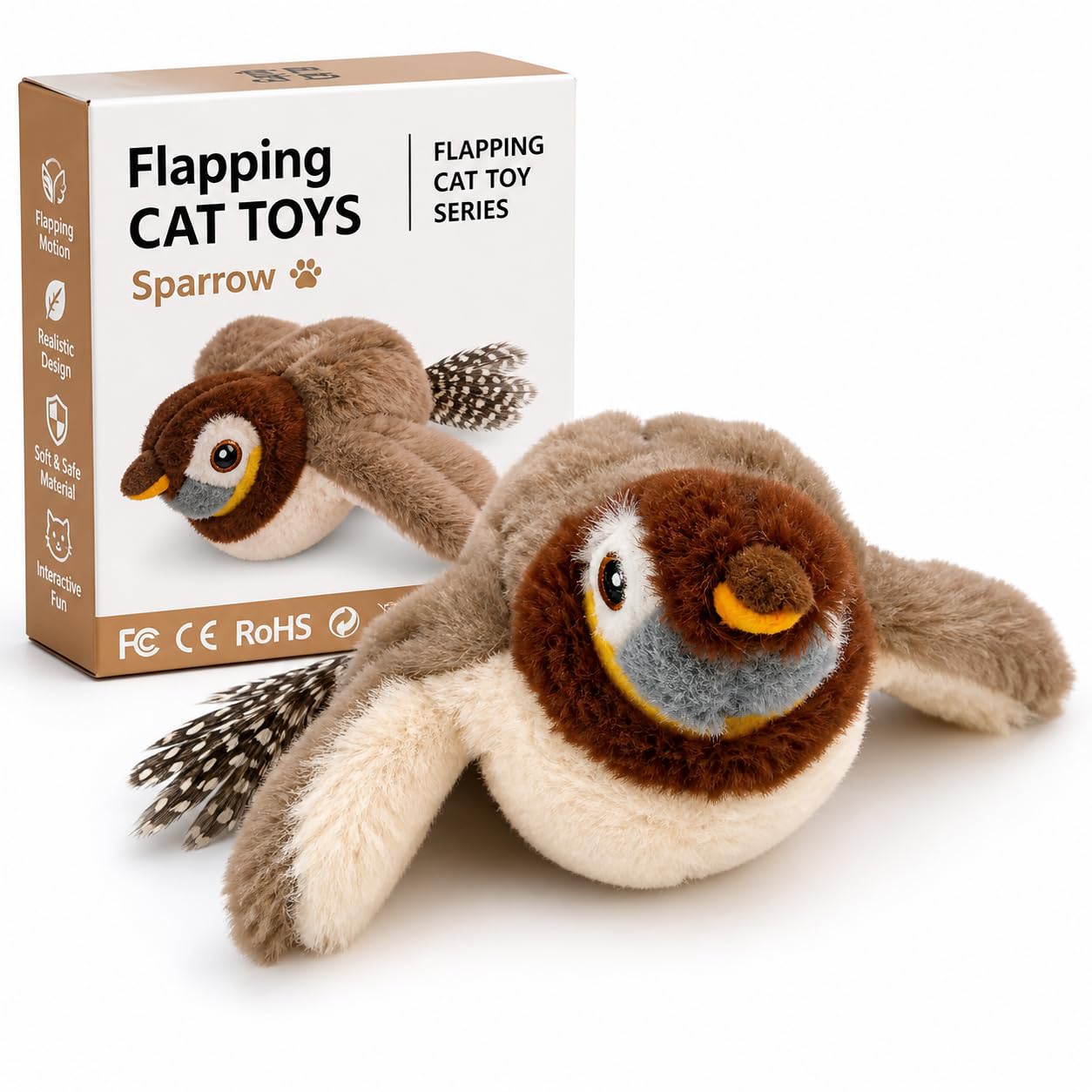 Flapping Sparrow Cat Toy With Chirping Sound, Interactive Plush Bird Toy For Cats & Kittens, Usb Rechargeable Moving Pet Toy For