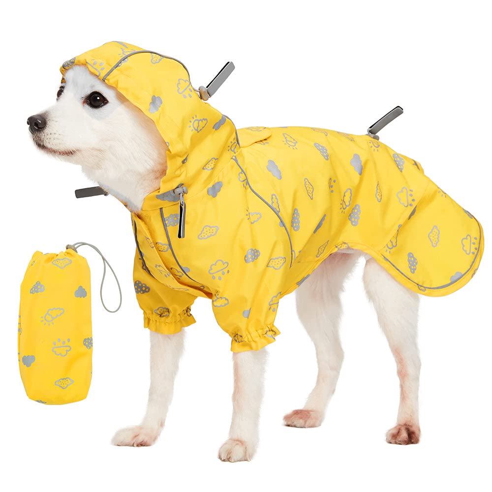 Blueberry Pet 20 Reflective Cloud Prints Lightweight Waterproof Dog Raincoat with Hood & Harness Hole, Sunflower Yellow, Outdoor
