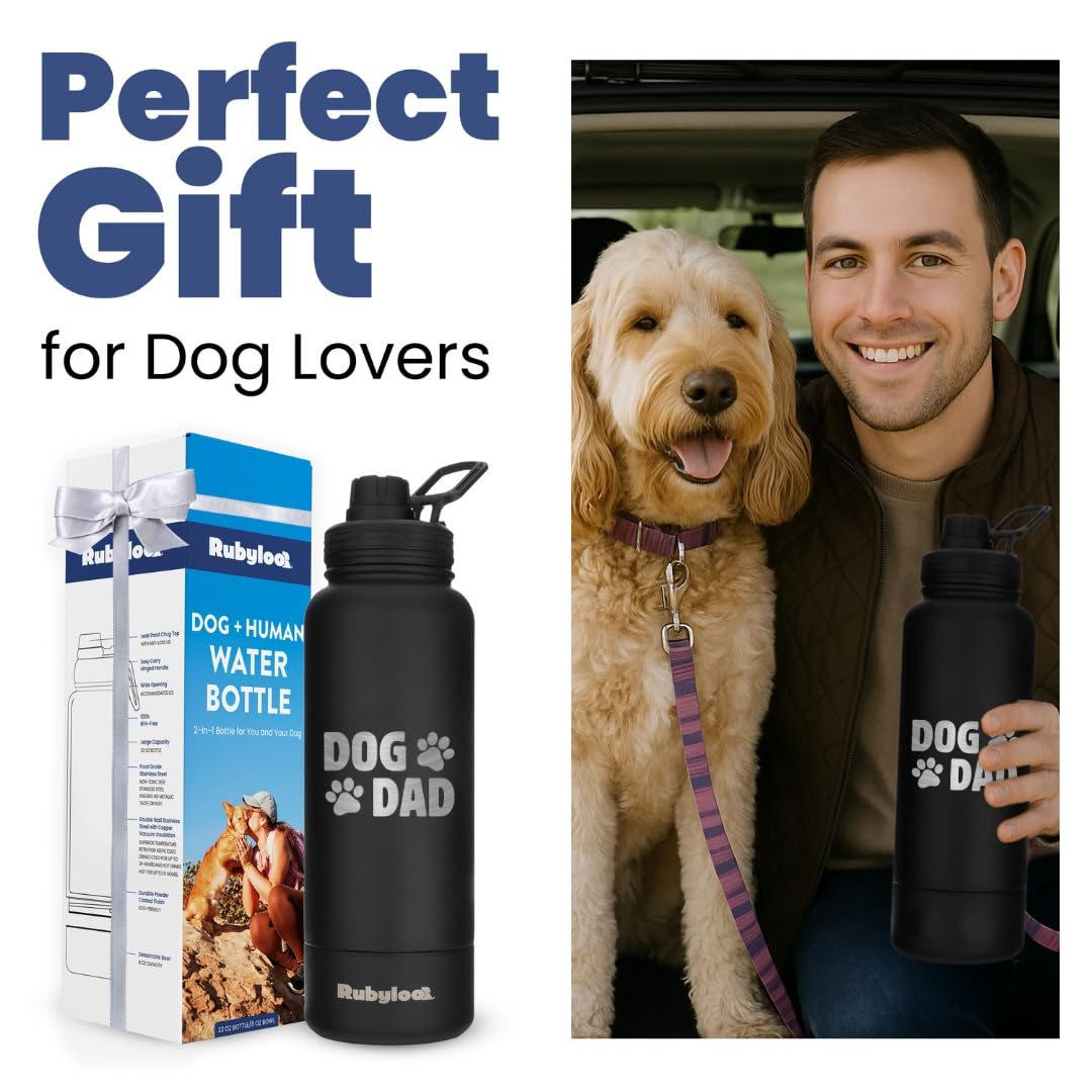 Dog Water Bottle For Dog Dads - 32 Oz Stainless Steel Double Wall Insulated Water Bottle With 8 Oz Detachable Bowl - Ideal Pet L