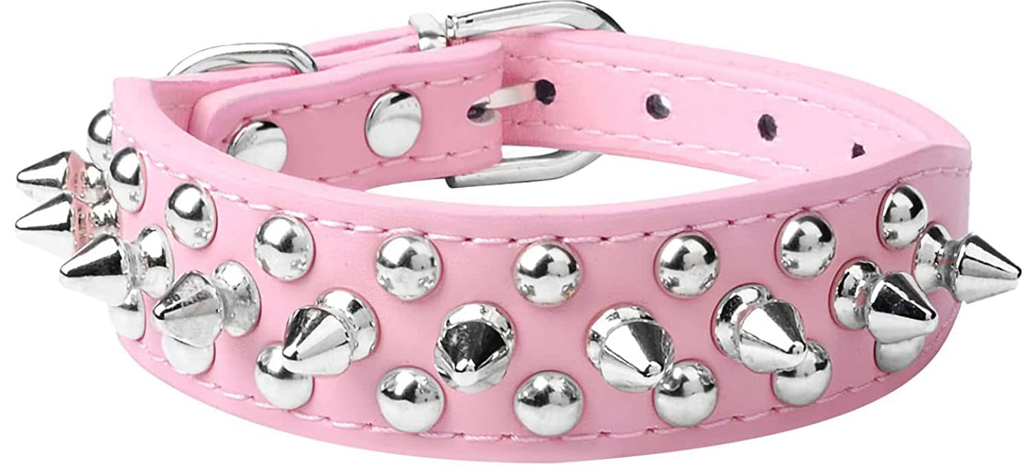 haoyueer Spiked Dog Collar Soft Pu Leather Mushrooms Rivet Spike Studded Puppy Adjustable Pet Collars for Small Breeds (M, Pink)