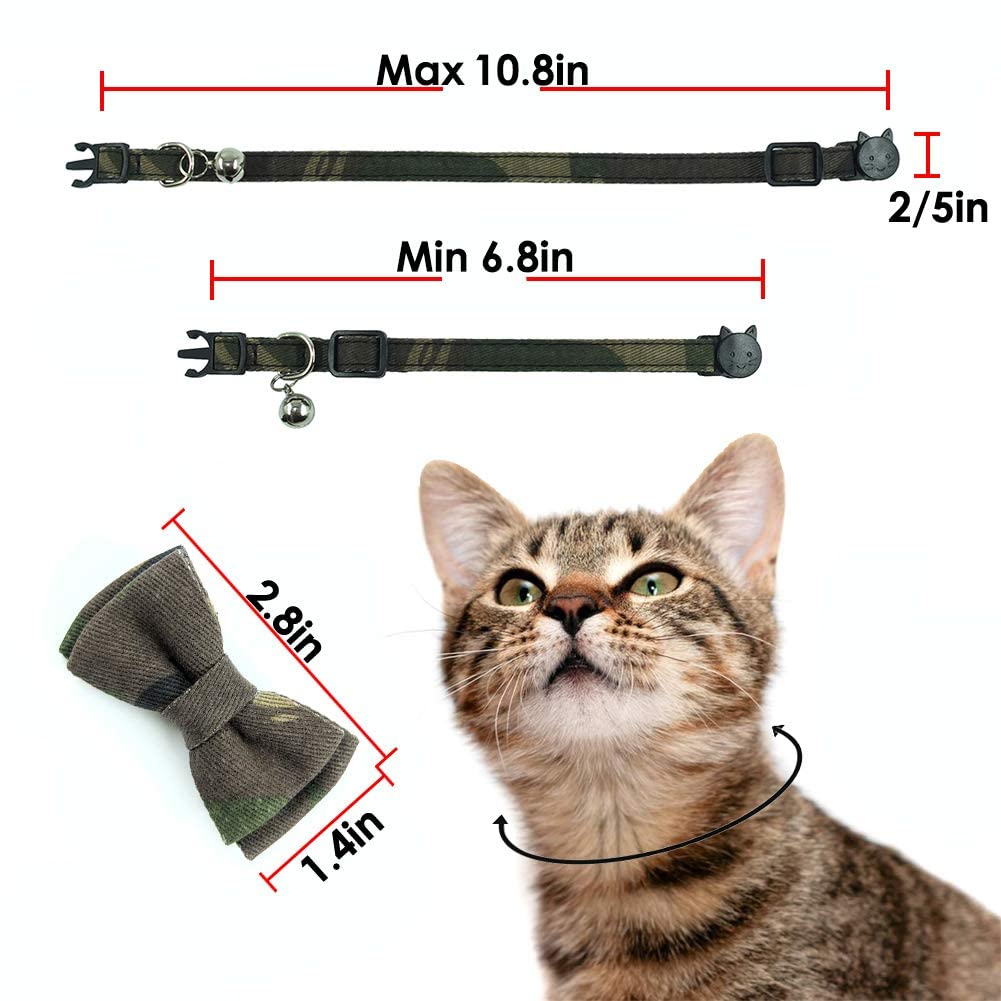 Cat Collar Bowtie With Bell, Quick Release Buckle Safety And Durable Kitties Kittens Cats Breakaway Collar(6.8-10.8In) (Camouflage 2)