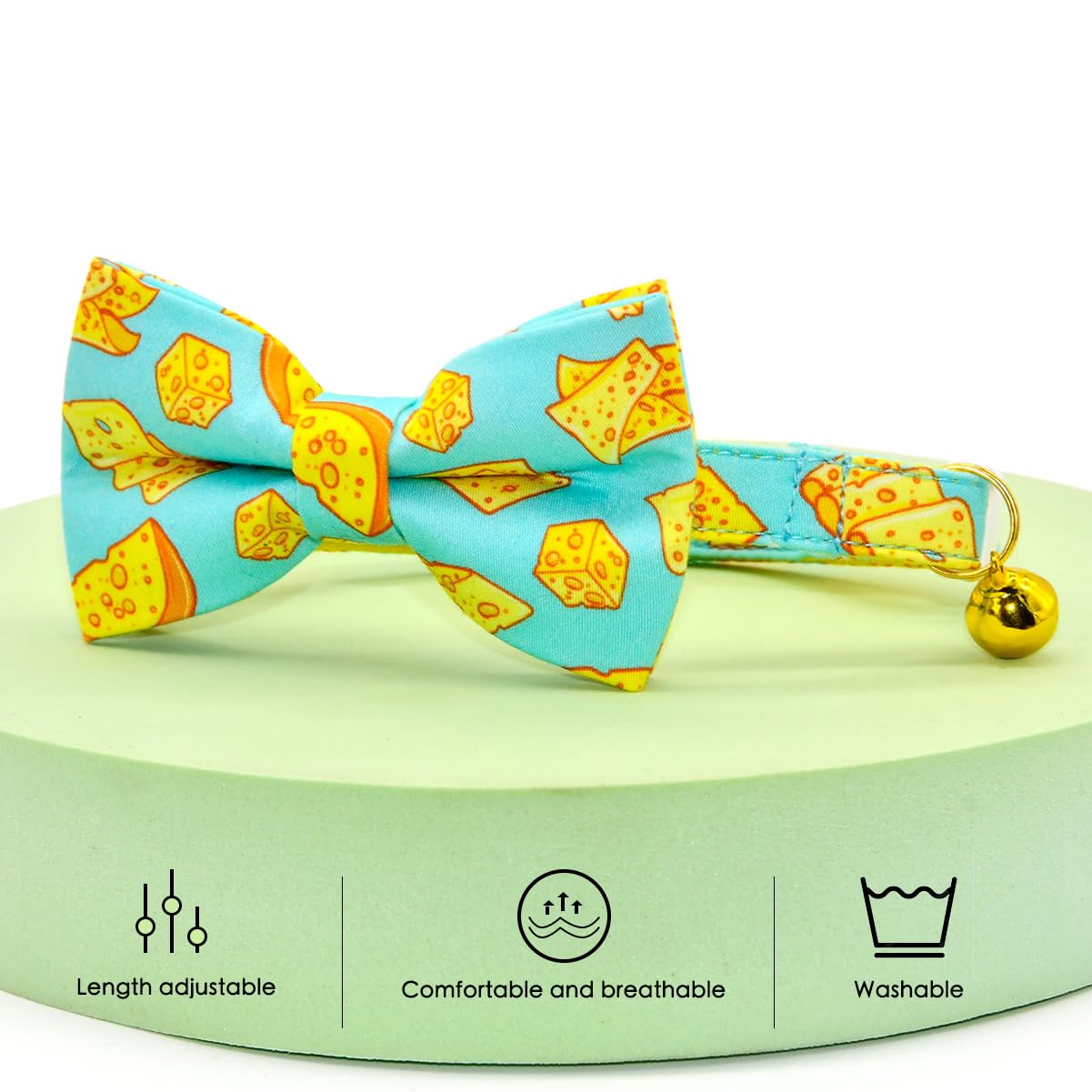 Cheese Cat Bow Tie Collar, Blue & Yellow Cheese Pattern, Wedding/Birthday/Festivals Cat Collar, Quick Release Safety Breakaway C