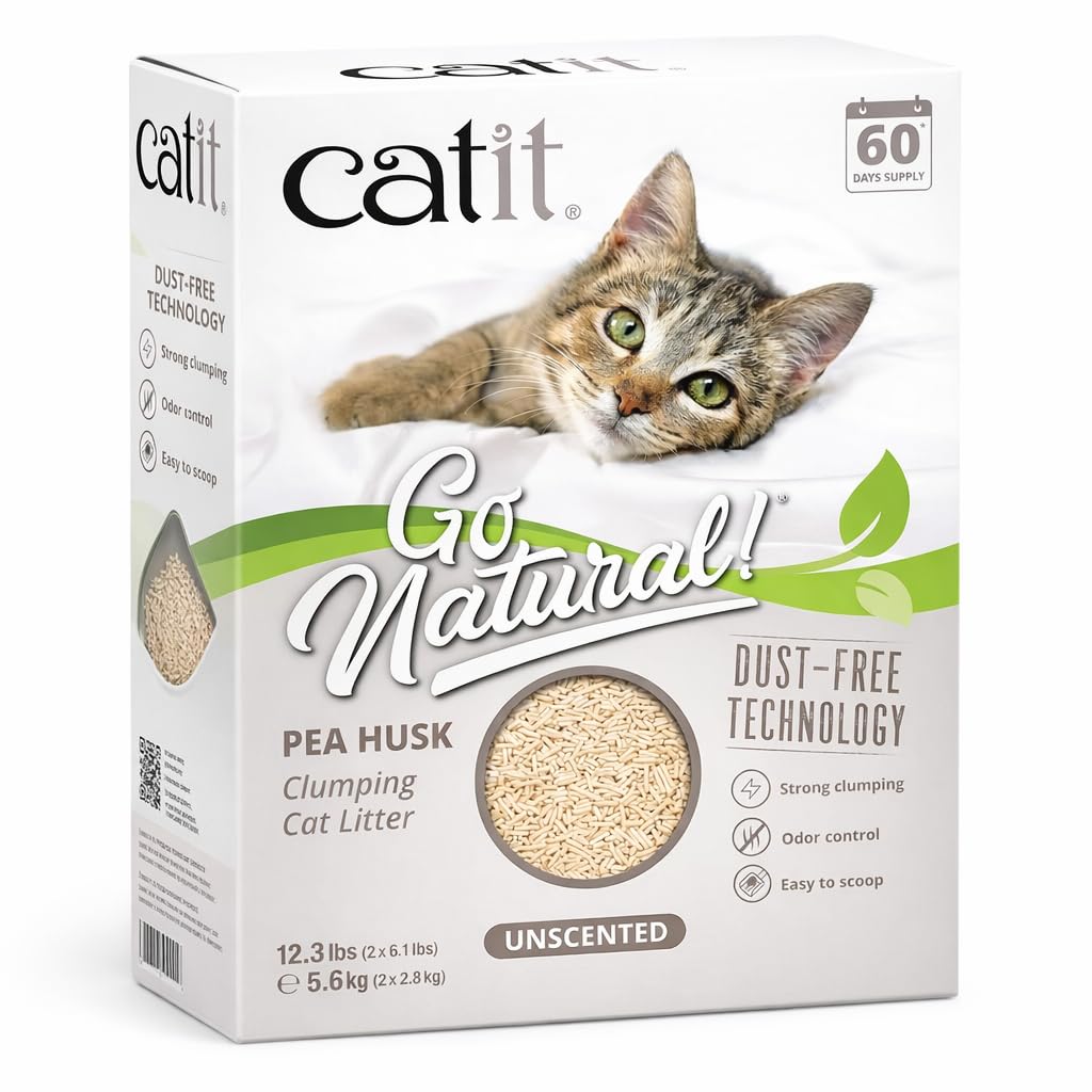 Catit Go Natural Pea Husk Clumping Cat Litter - Unscented, 12.3 lbs - Plant-Based, Eco-Friendly, Dust-Free & Flushable Cat Litte
