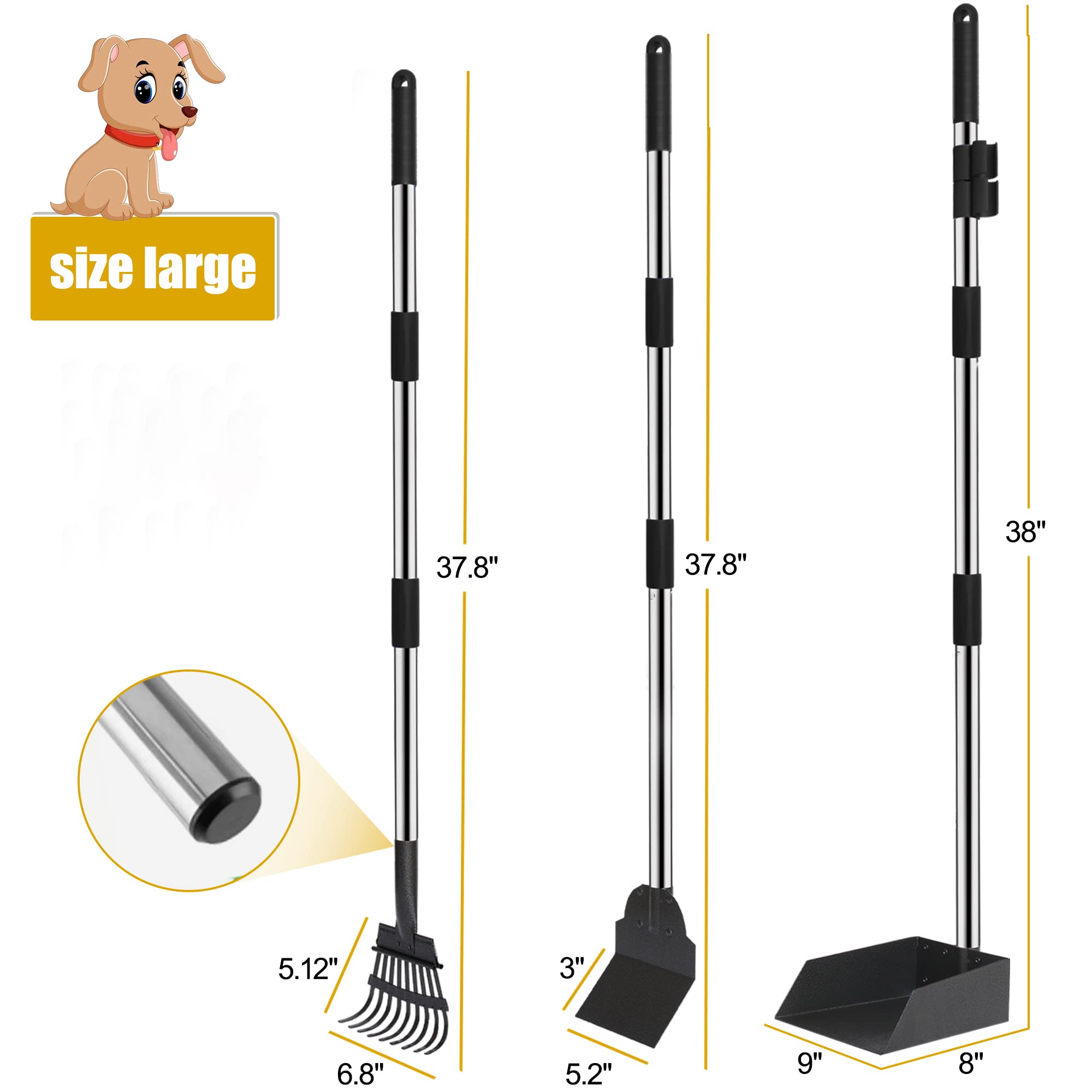 Niubya Dog Pooper Scooper, Extra Large Poop Scooper for Large and Small Dogs with Long Handle, Metal Pet Poop Tray and Rake Set