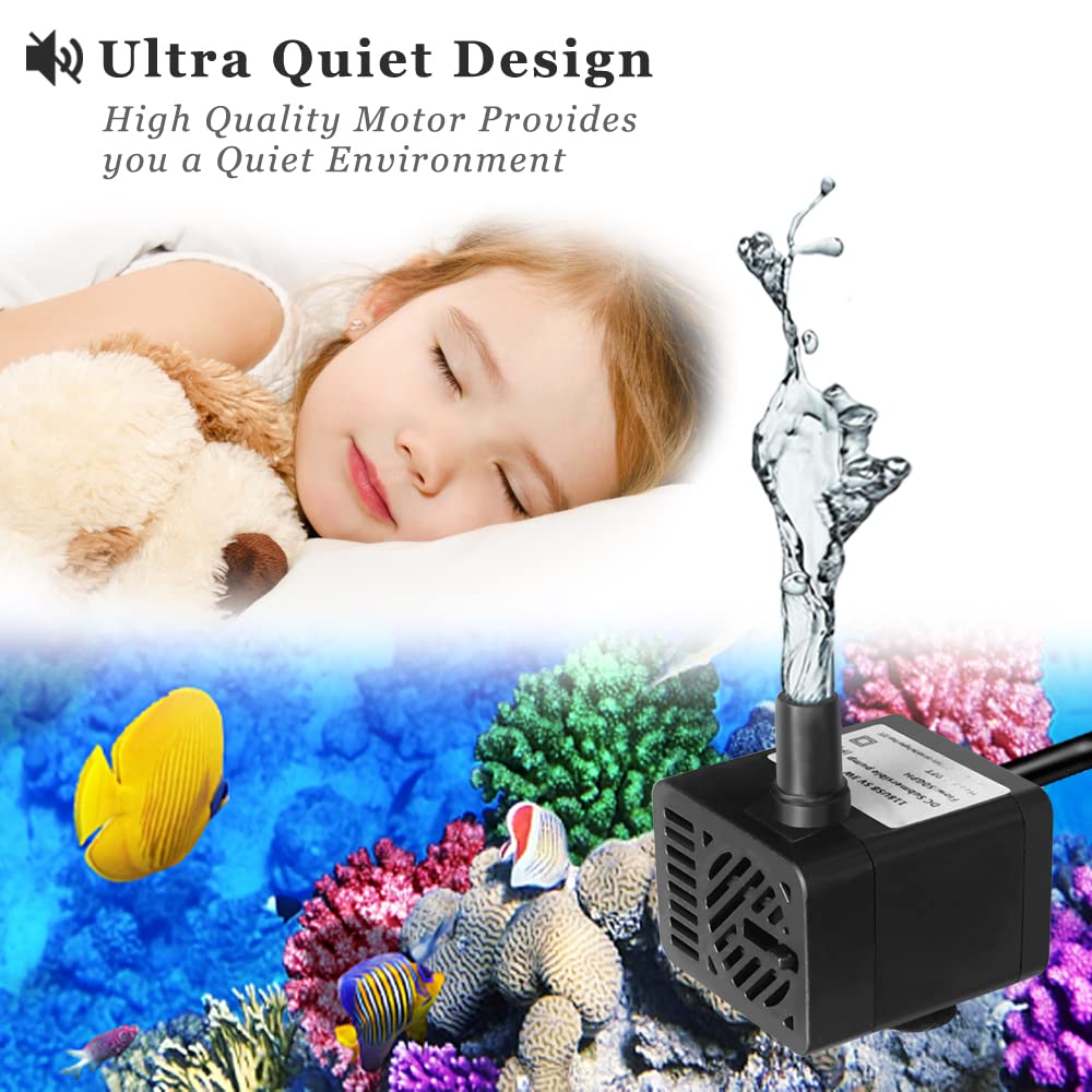 PULACO Mini Submersible Water Pump 5V USB, 50GPH for Pet Fountain, Aquarium, Pond, Hydroponics - Black Tubing Included