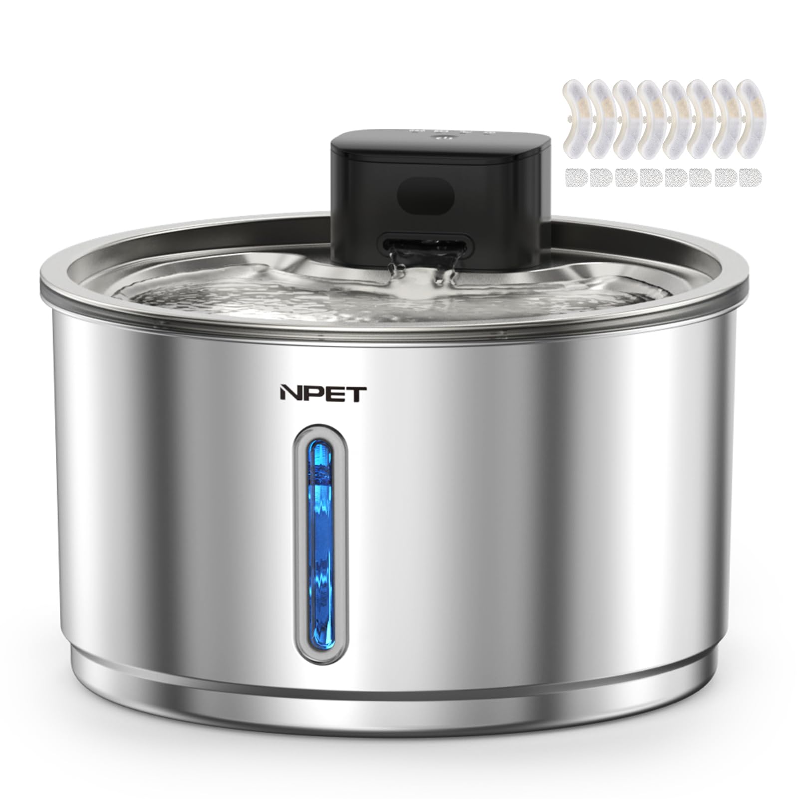 NPET Wireless Cat Fountain Stainless Steel, 1Gallon/135oz Battery Operated Automatic Pet Drinking Fountain - Cordless Dog Water 