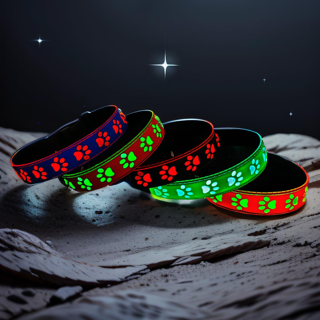 Dogled Led Light Up Dog Collar, Usb-C Rechargeable, Multicolor Paw Print Design, 15 Modes Lighting Night Safety (Black, M(11.8-1