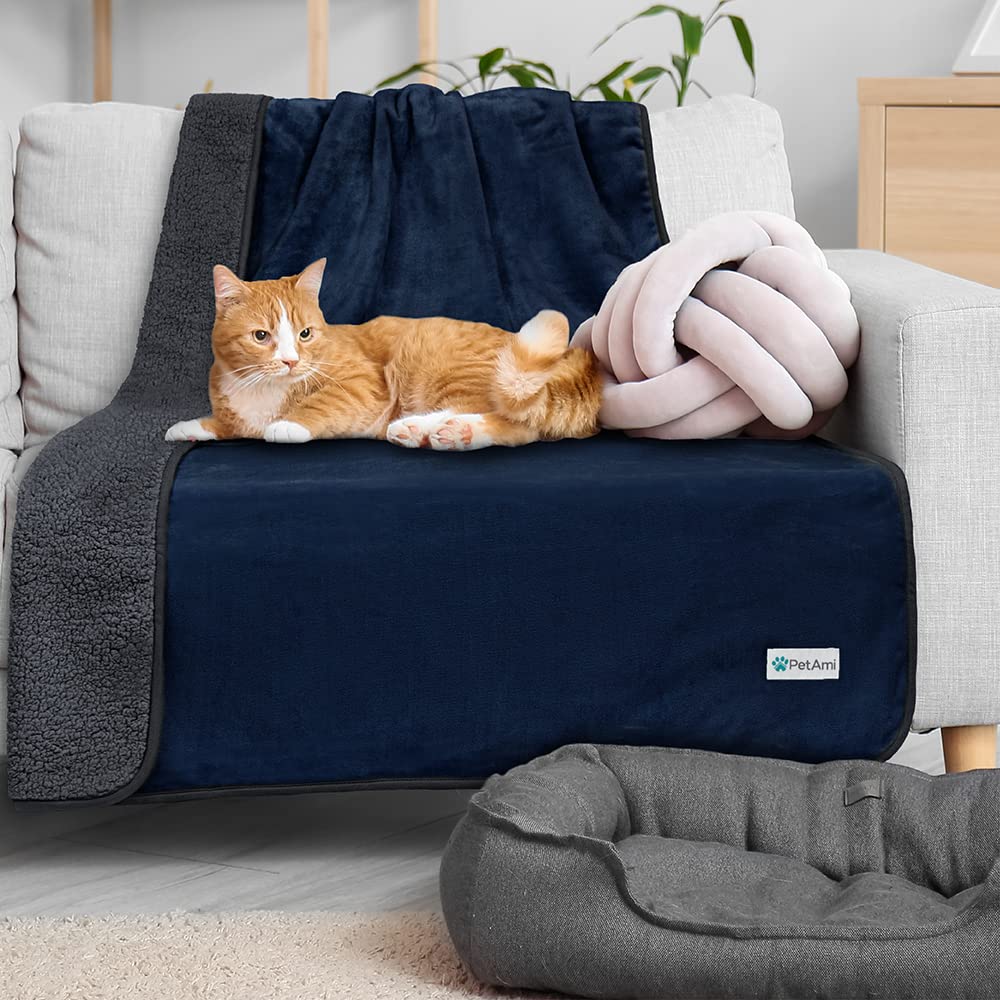 Petami Waterproof Dog Blanket For Large Giant Dogs, Pee Proof Pet Blanket Sherpa Fleece Crate Cover, Reversible Cat Throw Bed Kennel Protector, Soft Plush Washable Pad (Queen 90X90, Blue/Gray)