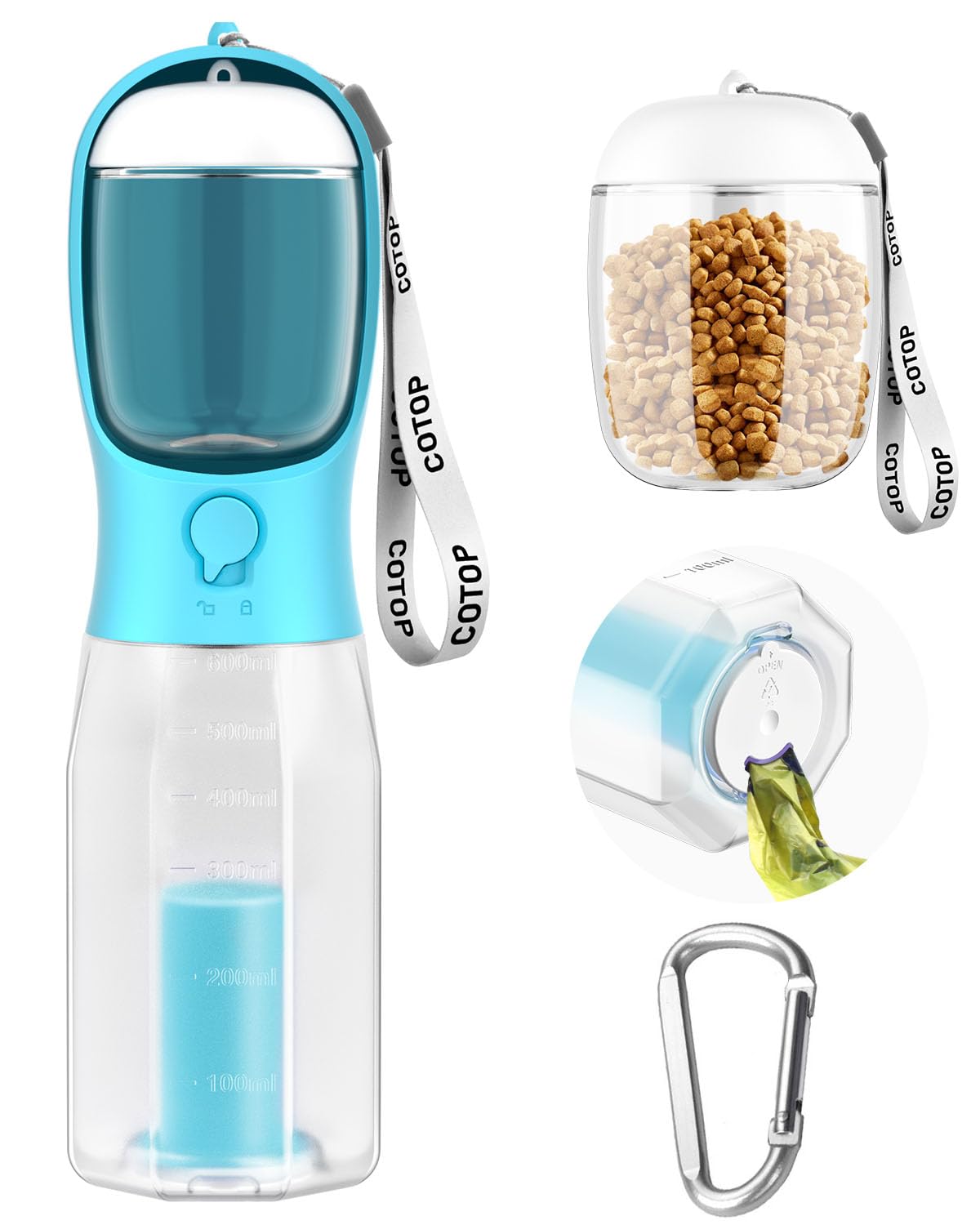 20oz Dog Water Bottle with Food Container & Poop Bag Dispenser | Leak-Proof Portable Pet Water Dispenser with Carabiner Clip | f