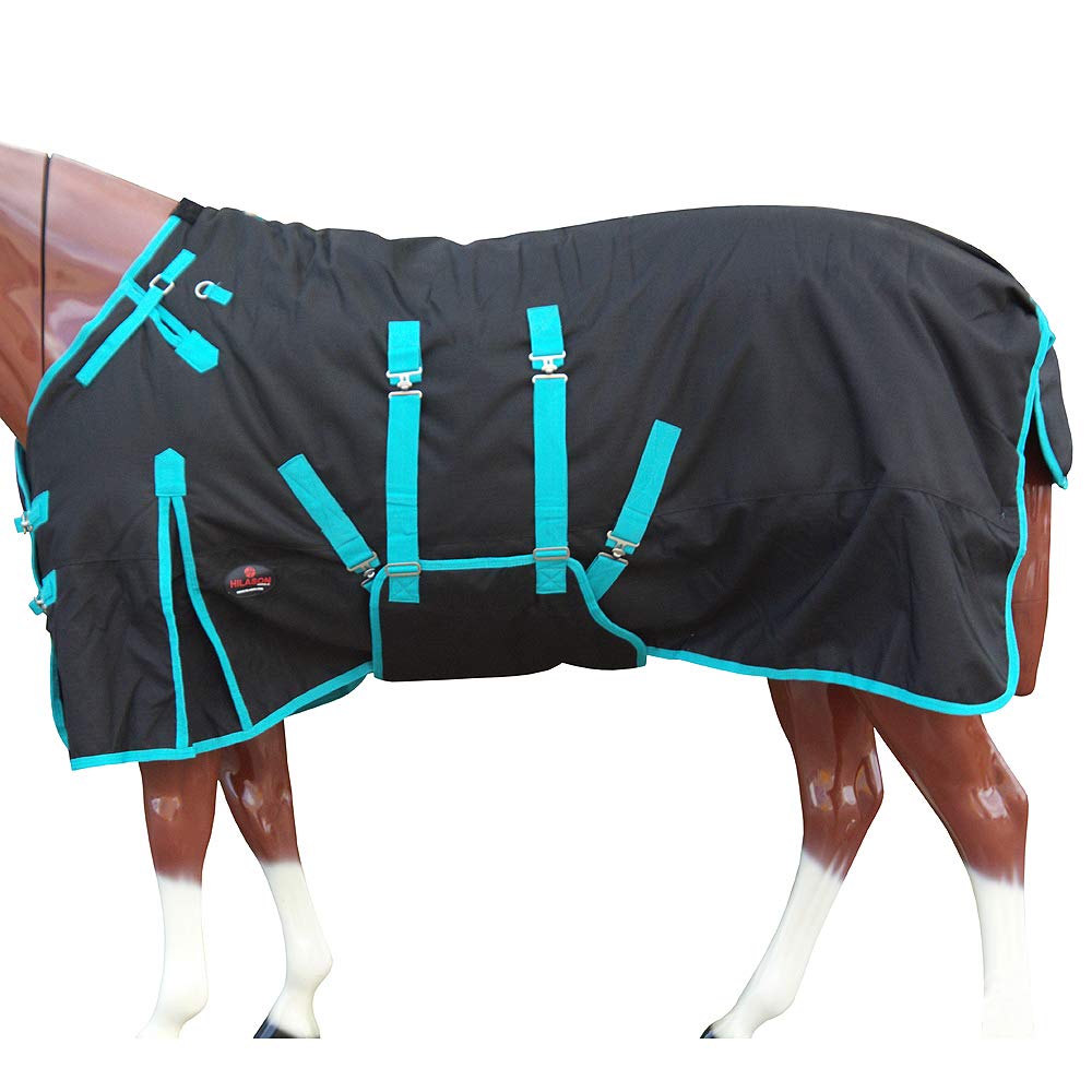 Black with Turquoise Trims 66 inch HILASON 1200D Winter Waterproof Poly Horse Turnout Blanket Belly Wrap