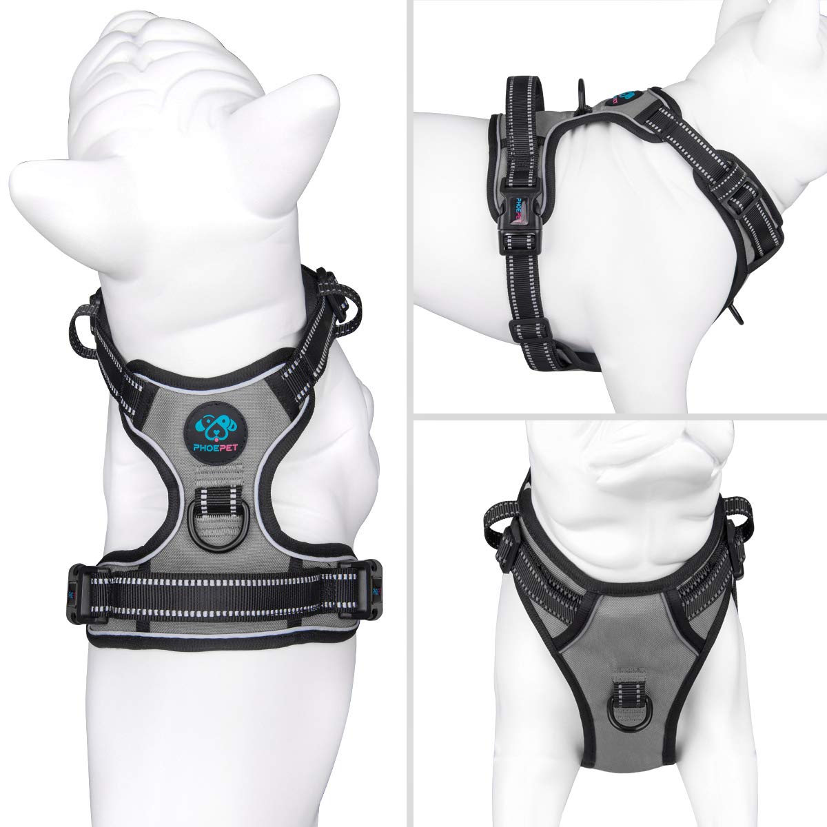 PHOEPET No Pull Dog Harness - Medium, Reflective, Adjustable, Durable Oxford, Grey, Front Clip with Handle, Model PH-03-DGREYM