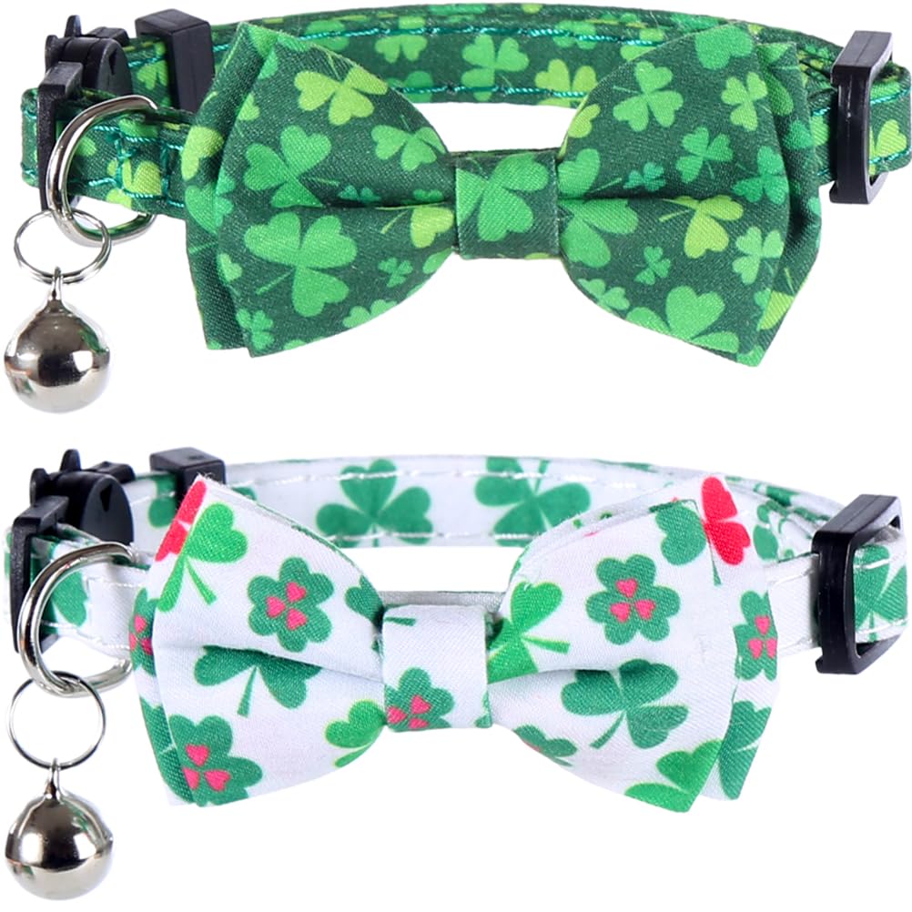 St.Patrick'S Day Cat Collar With Bow Tie And Bell Breakaway Adjustable Safety