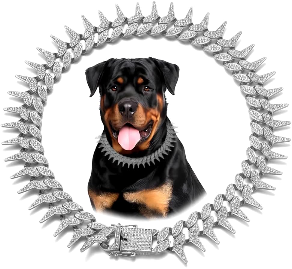Silver Dog Chain Collar, Cool Spiked Style Necklace Bling Diamond Cuban Link Dog Collars Glitter Rhinestone Puppy Collar For Xxs