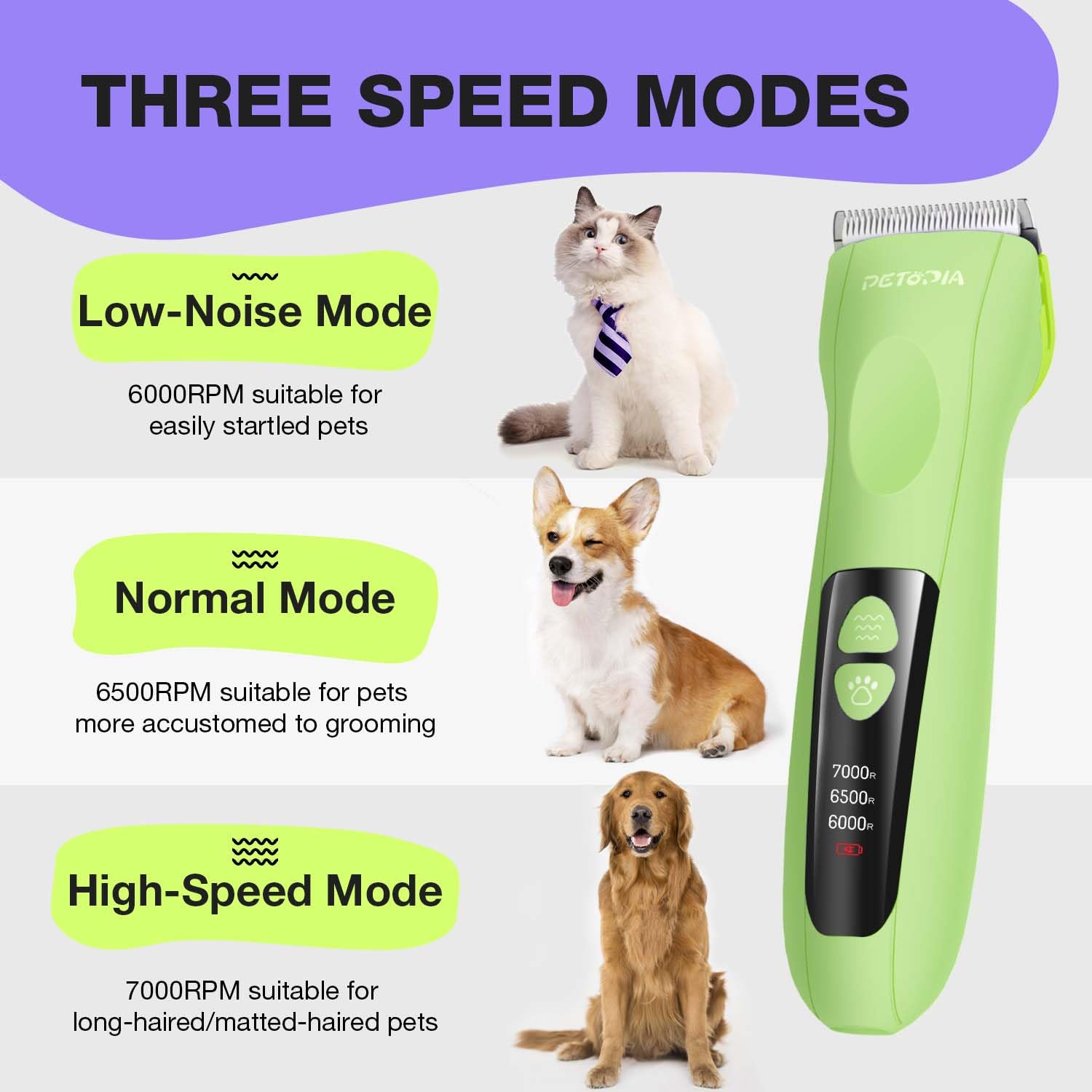 Petopia Dog Clippers - Low Noise Rechargeable Grooming Kit, Cordless with 9mm Blade, Green, Model PC215