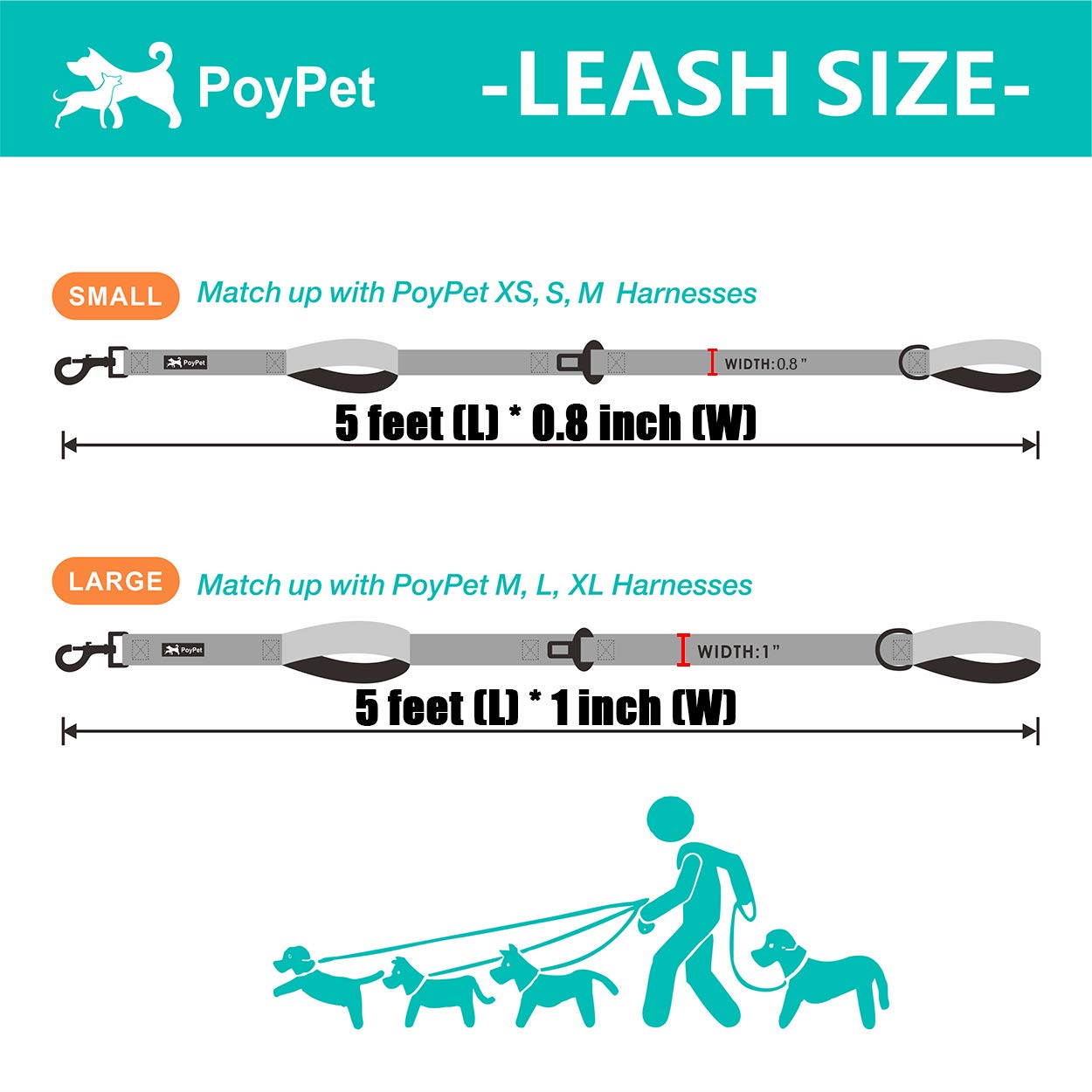 Poypet 5 Feet Dog Leash - 2 Cushioned Handles - Functional Car Seat Belt (Grid, L)