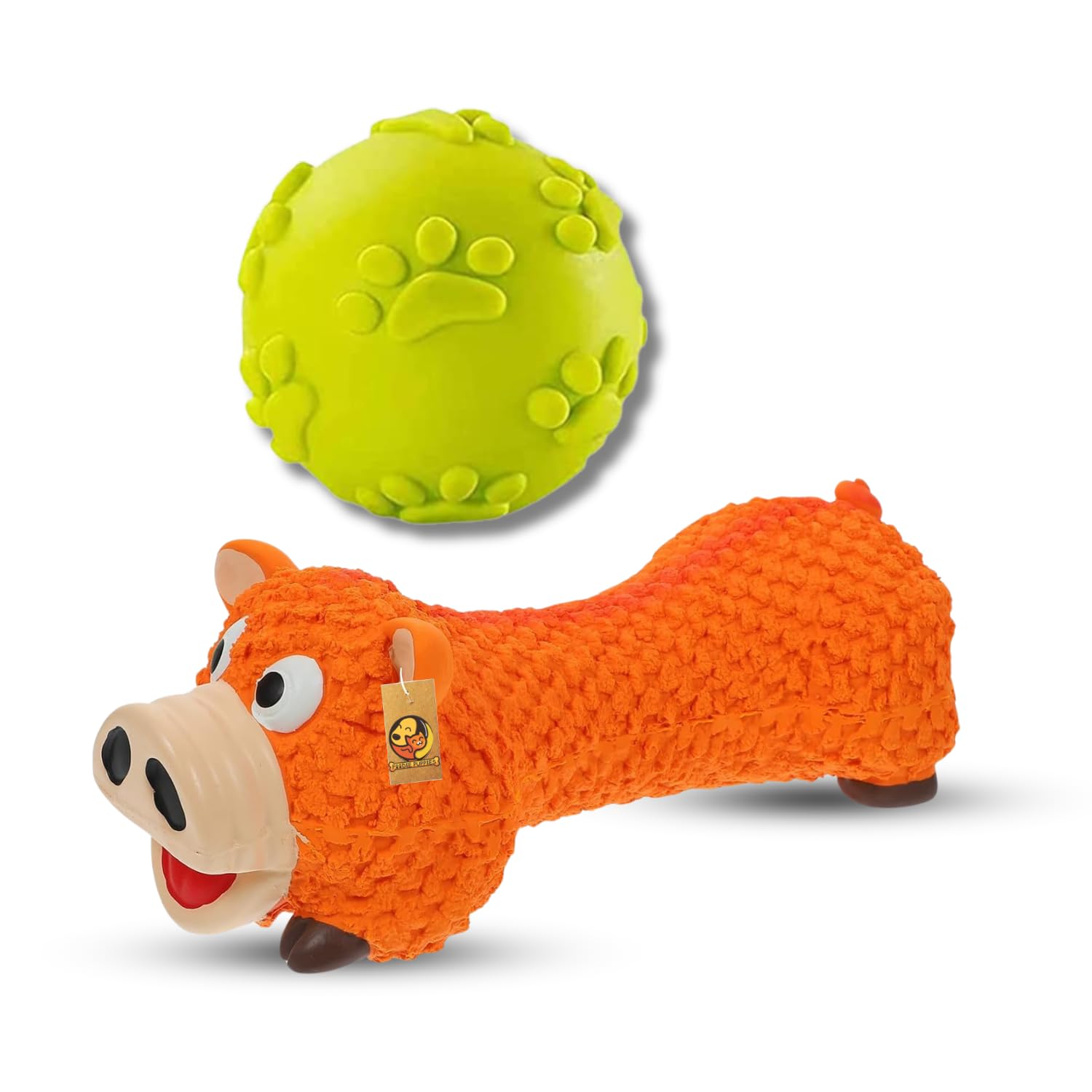 Foodie Puppies Dog Squeaky Chew Latex Toy Combo (Claw Ball + Orange Pig) | NonToxic Interactive Durable Teething Play Toy | Sof