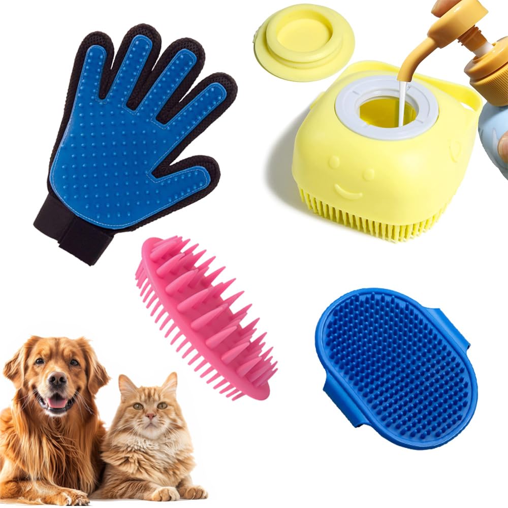 Pethood Combo Of 4 Soft Silicone Pet Grooming Palm Brush Glove For Dogs & Cats | AntiShedding Scrubber Dispenser For Deep Clean