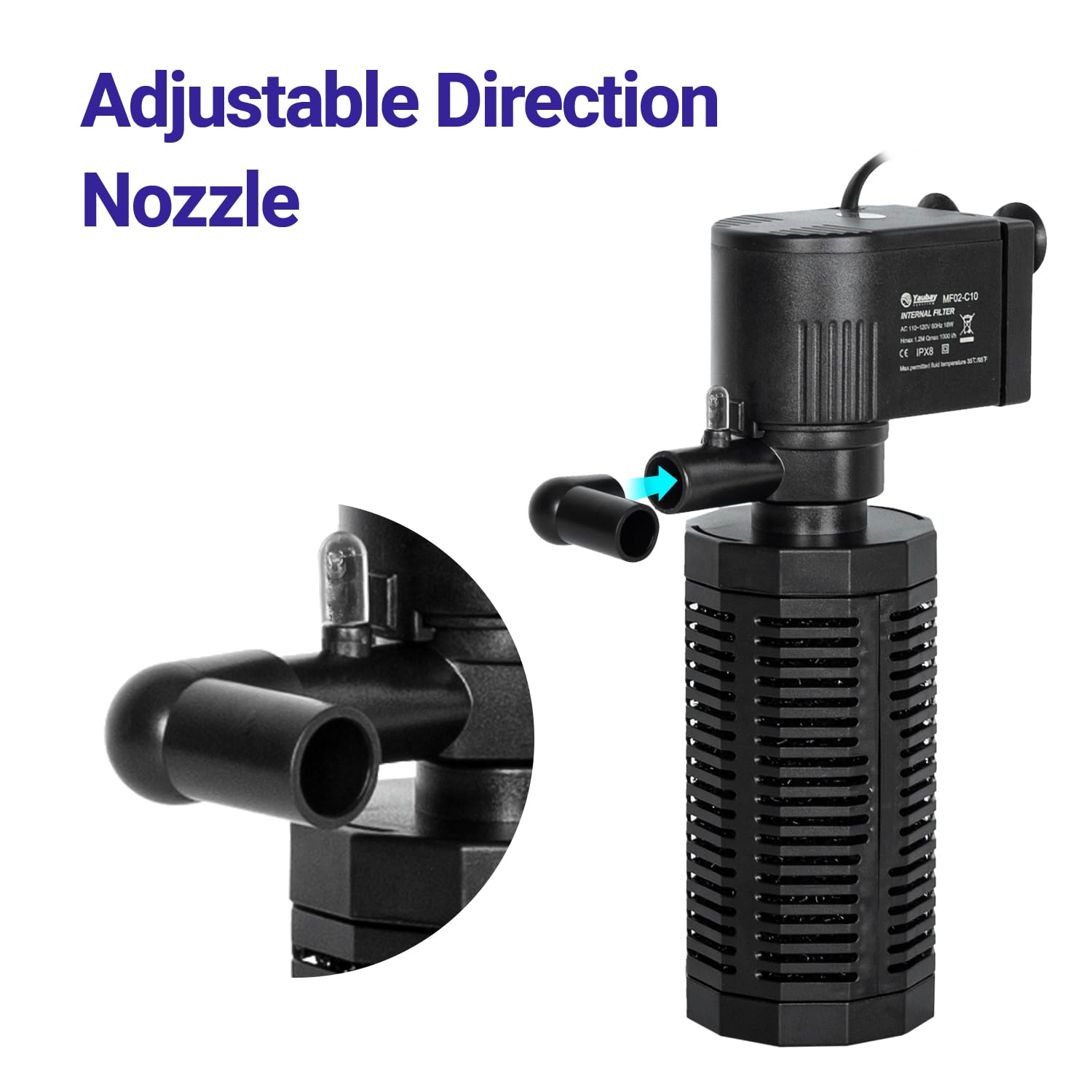 Yaubay 18W Aquarium Internal Filter for 55-120 Gallon Tanks, Silent Submersible, Black, Model MF02-C10-US, 264 GPH