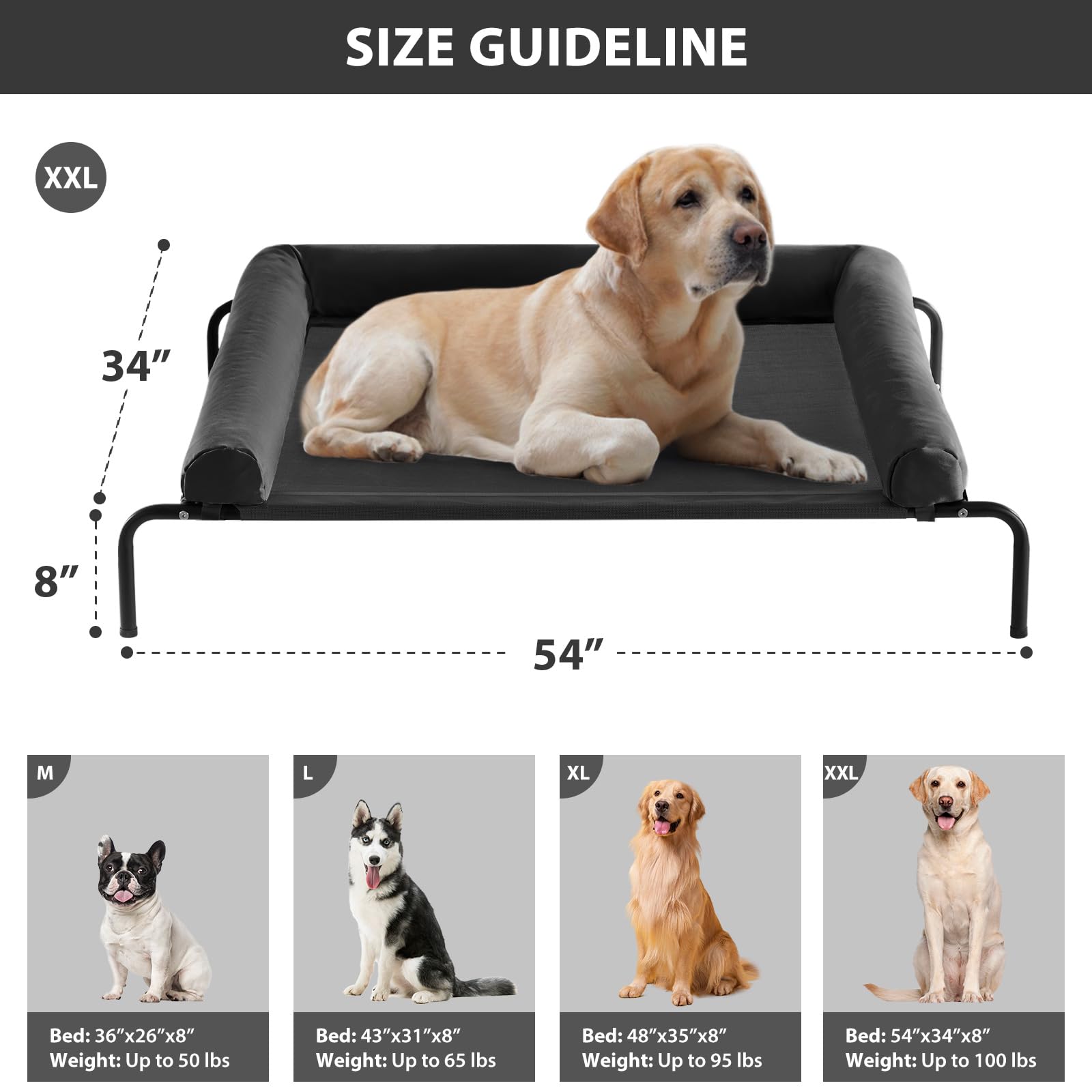 RRPETHOME Large Elevated Cooling Dog Bed, Portable Chew-Proof Pet Cot, 54"x34"x8", Black, Breathable Mesh, Skid-Resistant Feet