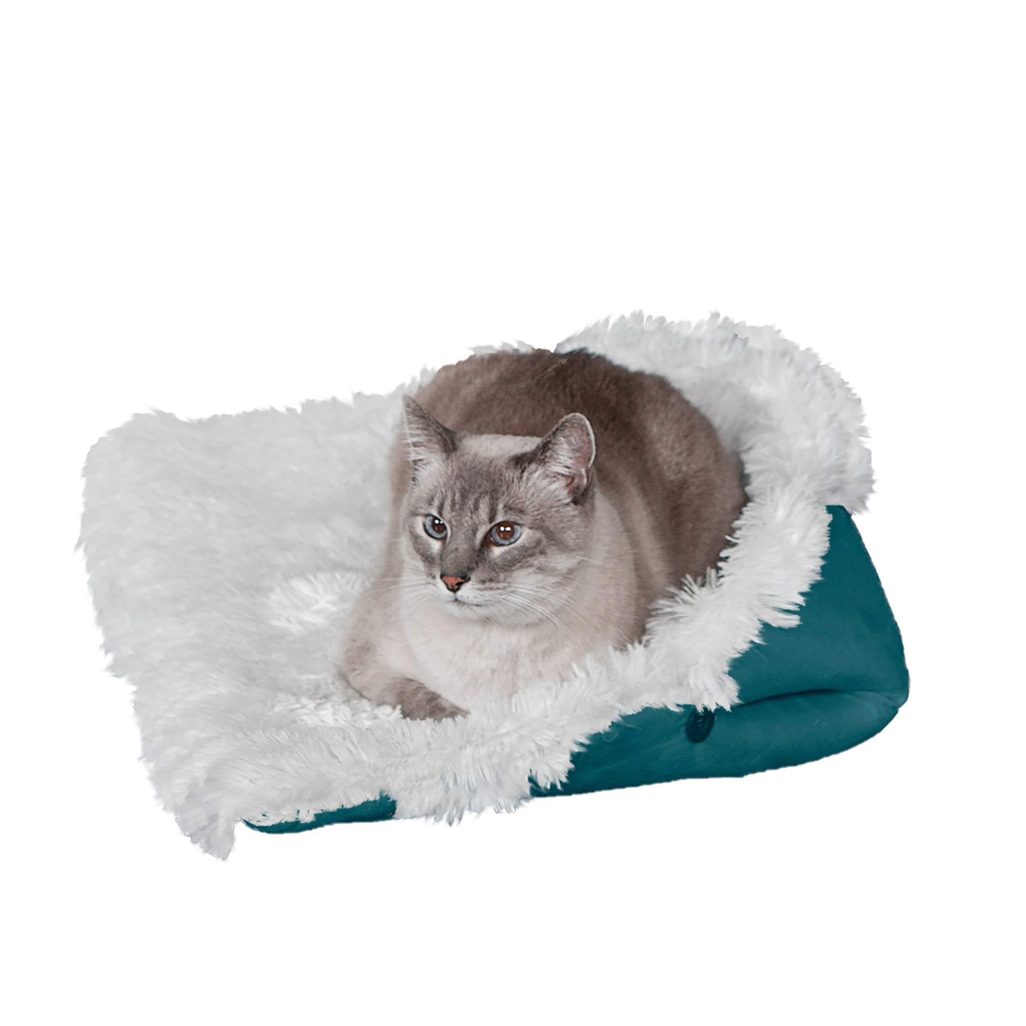 Furhaven Self-Warming Cat Bed for Indoor Cats, 4-Beds-in-1 & Washable - Plush Long Faux Fur Convertible Cuddler - Spruce, Small