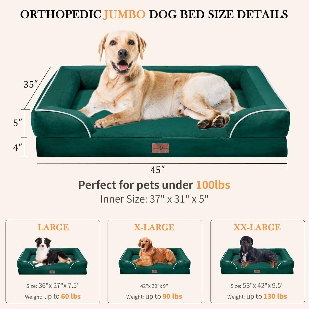 Comfort Expression Extra Large Dog Beds Jumbo Breed, Orthopedic Dog Bed Waterproof, Pv Washable Dog Sofa Bed With Removable Cover & Non-Slip Bottom(Jumbo,Emerald)