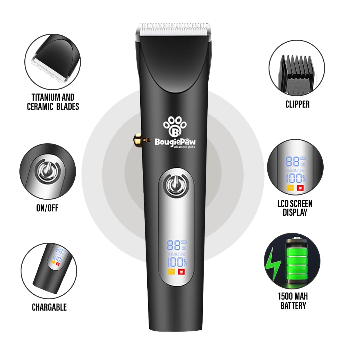 Bougiepaw Dog & Cat Clippers Grooming Kit - Rechargeable Low Noise Trimmer With Scissors | Cordless For Thick Coats & Bath Brush