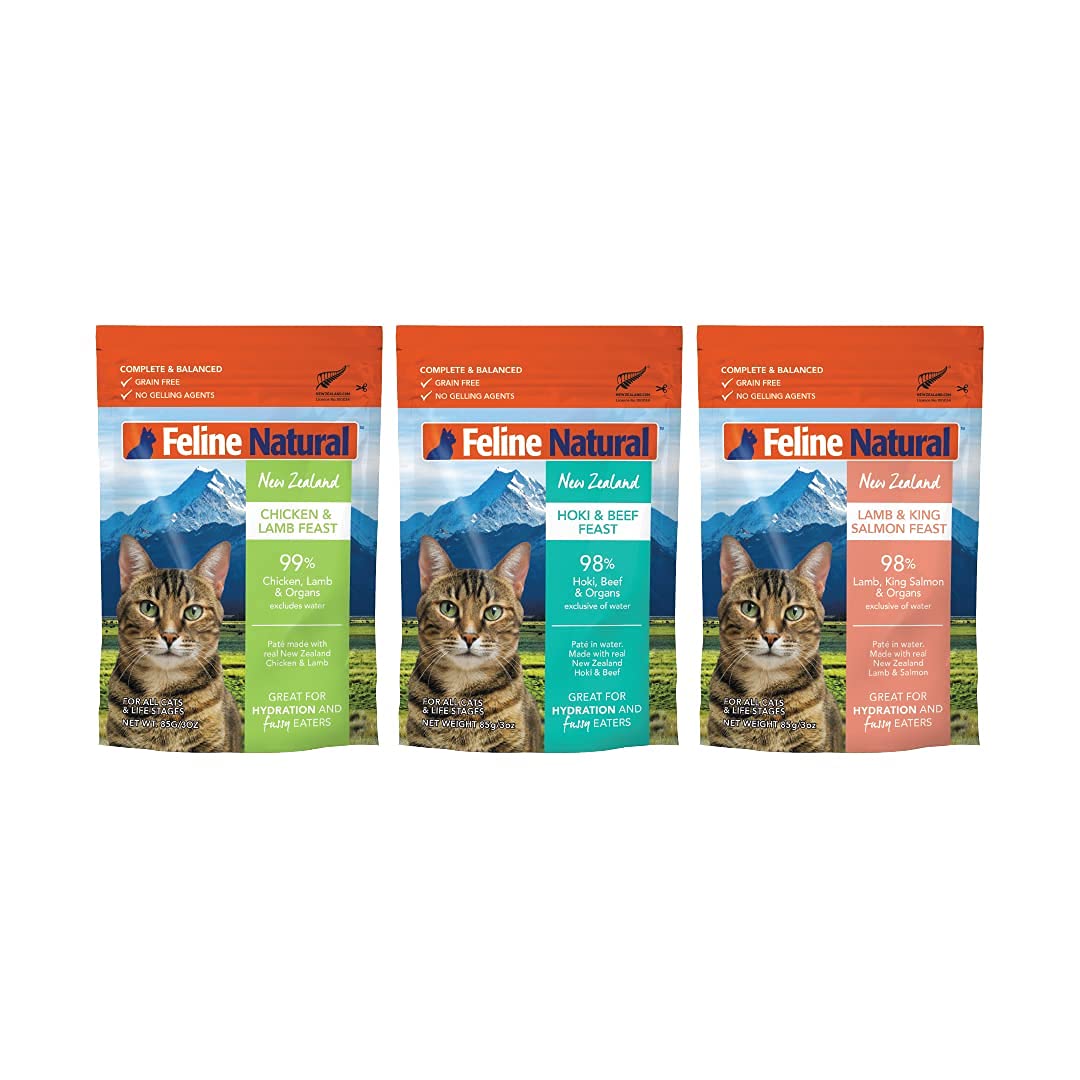 Feline Natural Wet Cat Food Variety Pack - Chicken, Lamb, Salmon & Beef Feast, Grain-Free, 3oz Pouches, New Zealand Made, Assort