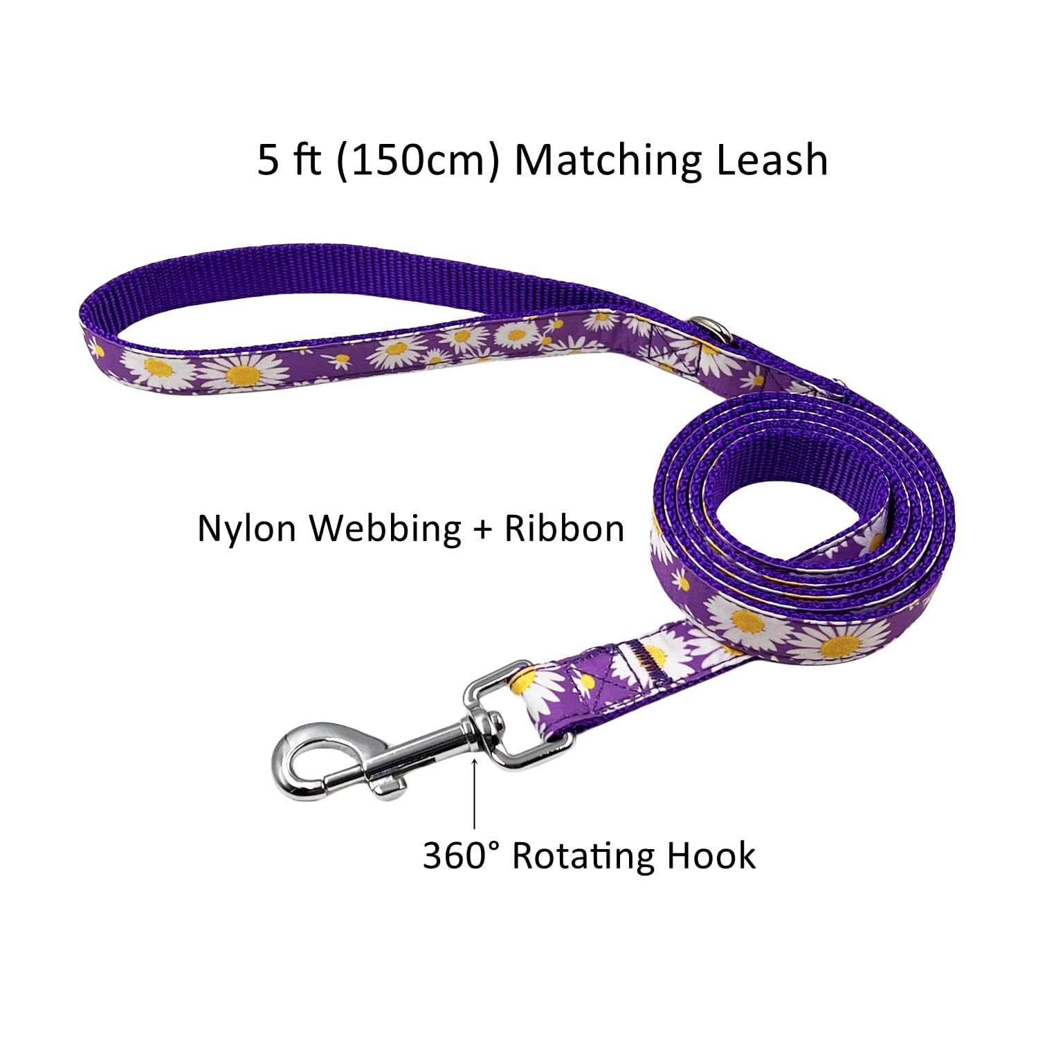 Olahibi Dog Collar Leash Set, Floral Pattern, Nylon Webbing Plus Cotton Ribbon, 5Ft Matching Leash, For Small Dogs.(S, Purple Da