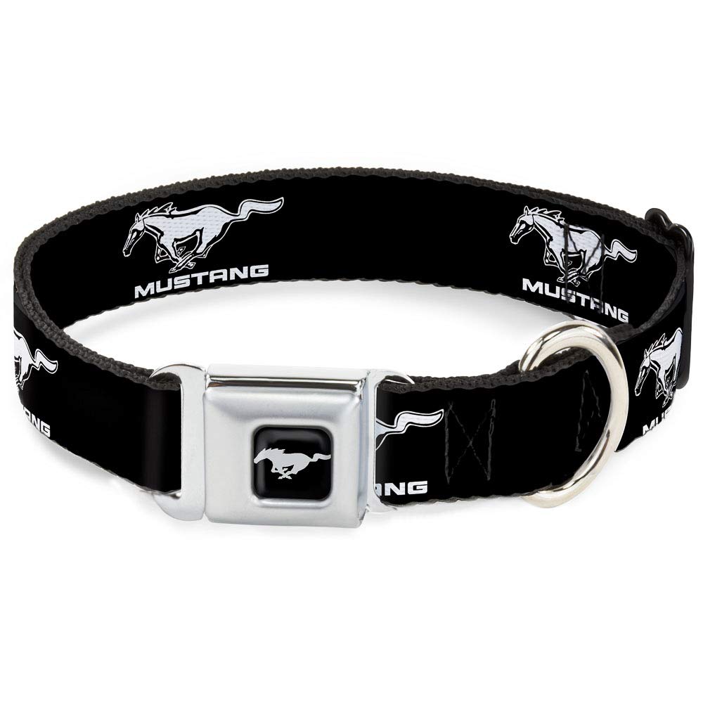 Buckle-Down Dog Collar Seatbelt Buckle Ford Mustang Black White Logo Repeat, 1.5'''' Wide - Fits 13-18'''' Neck - Small (Dc-Wfm0