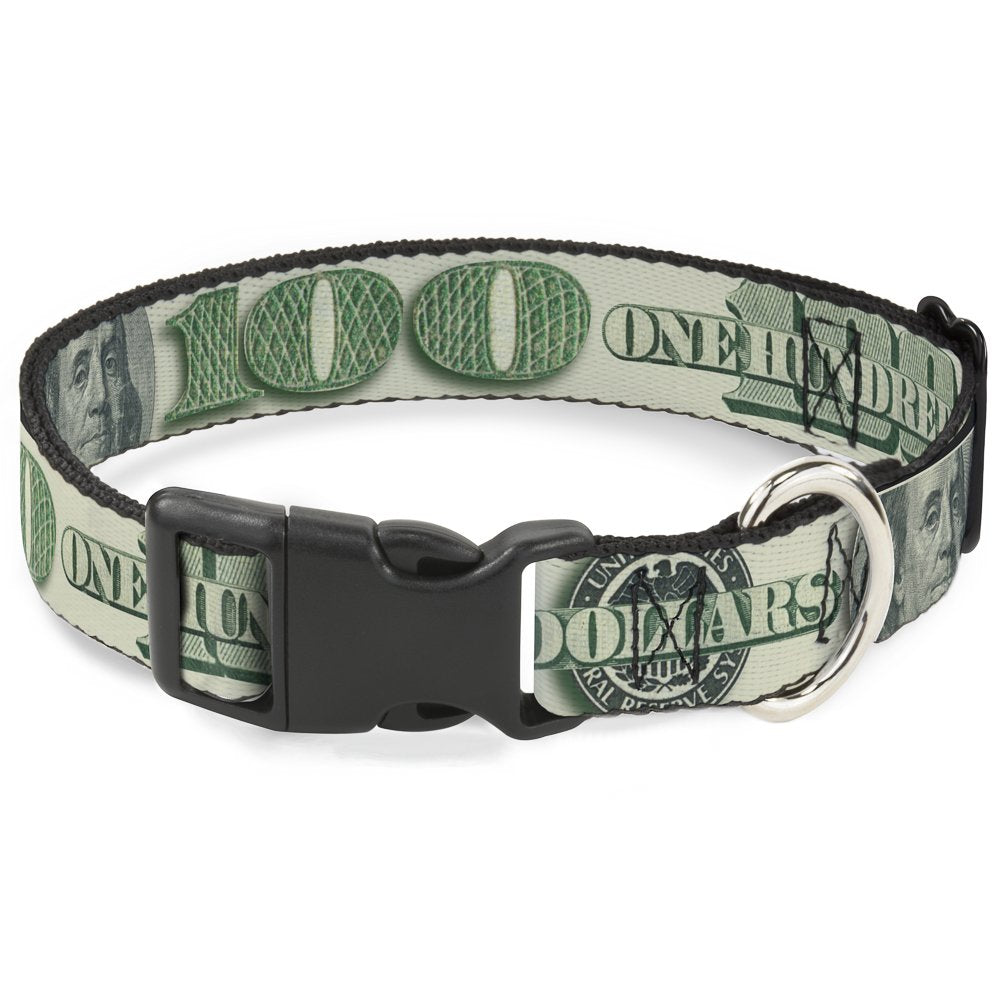Buckle-Down Plastic Clip Collar - 100 Dollar Bill C/U/Triple Benjamin - 1/2' Wide - Fits 8-12' Neck - Medium