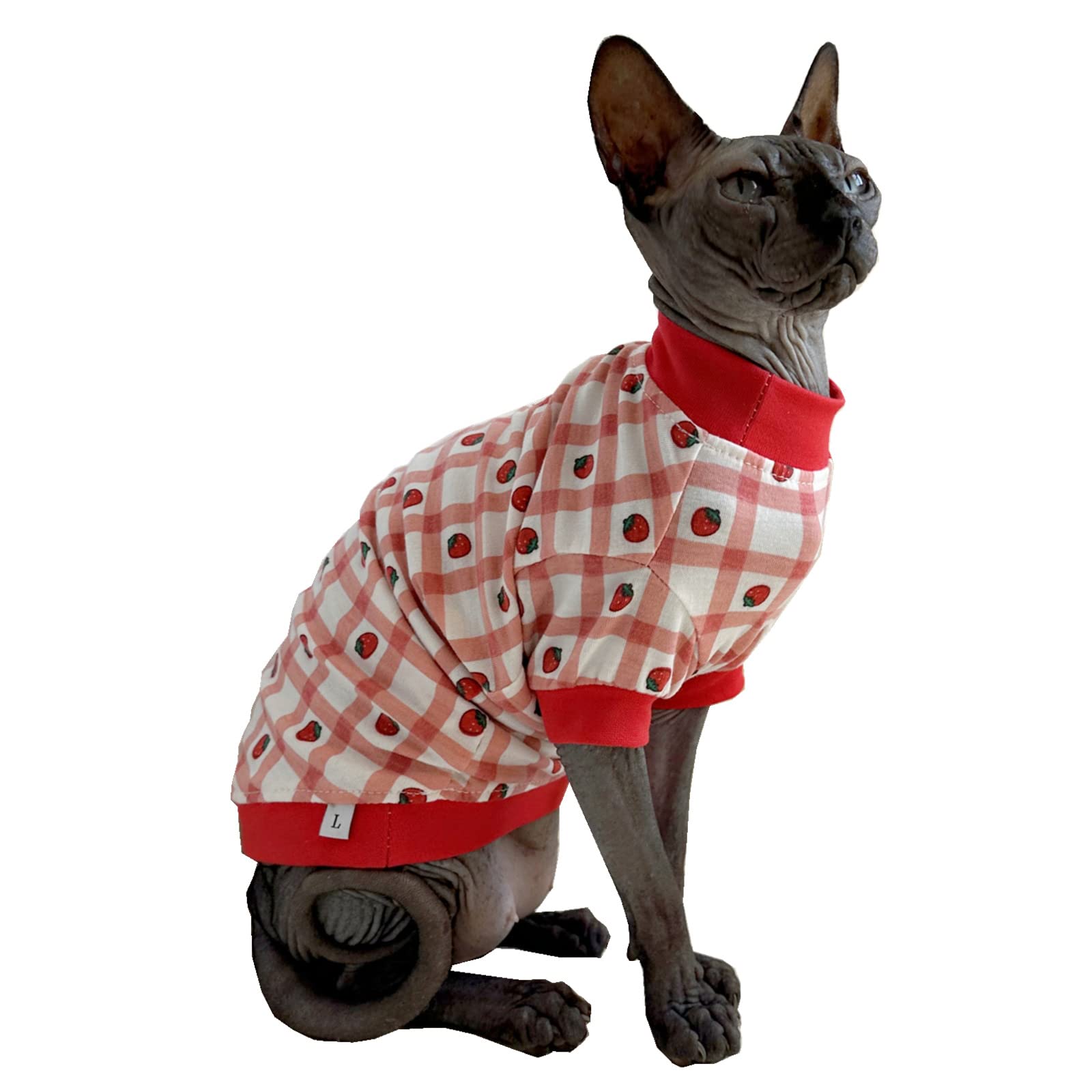 Sphynx Hairless Cat Cute Summer Cotton T-Shirts Pet Clothes,Round Collar Kitten Shirts Cats Apparel (Checkered Strawberry, Mediu