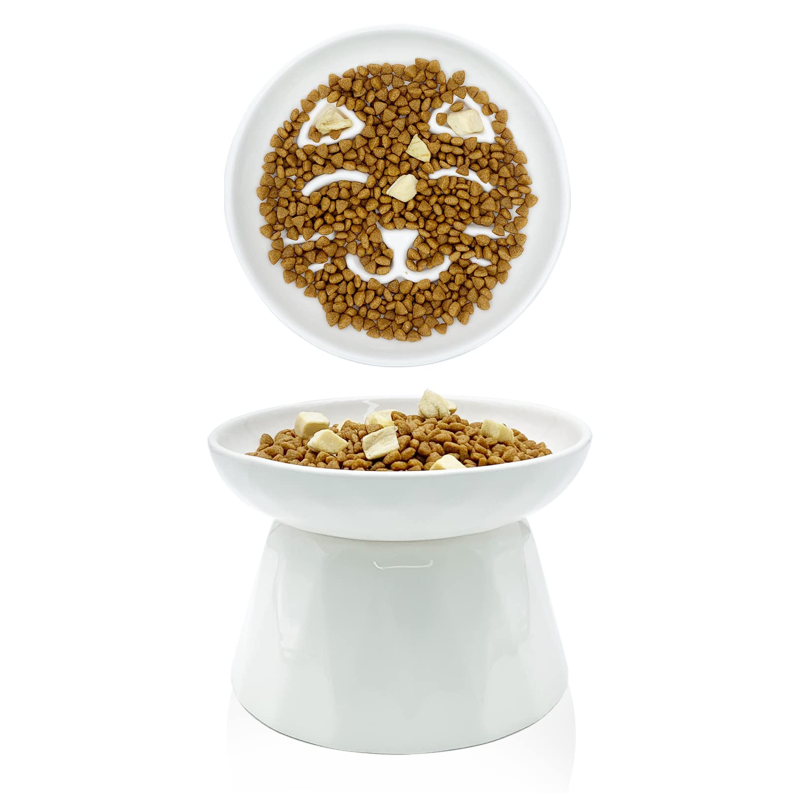 BNOSDM Raised Cat Slow Feeder Bowl Elevated Shallow Cat Dish Whisker Fatigue Slow Eating Bowls Cute Wet Food Puzzle Bowls for In