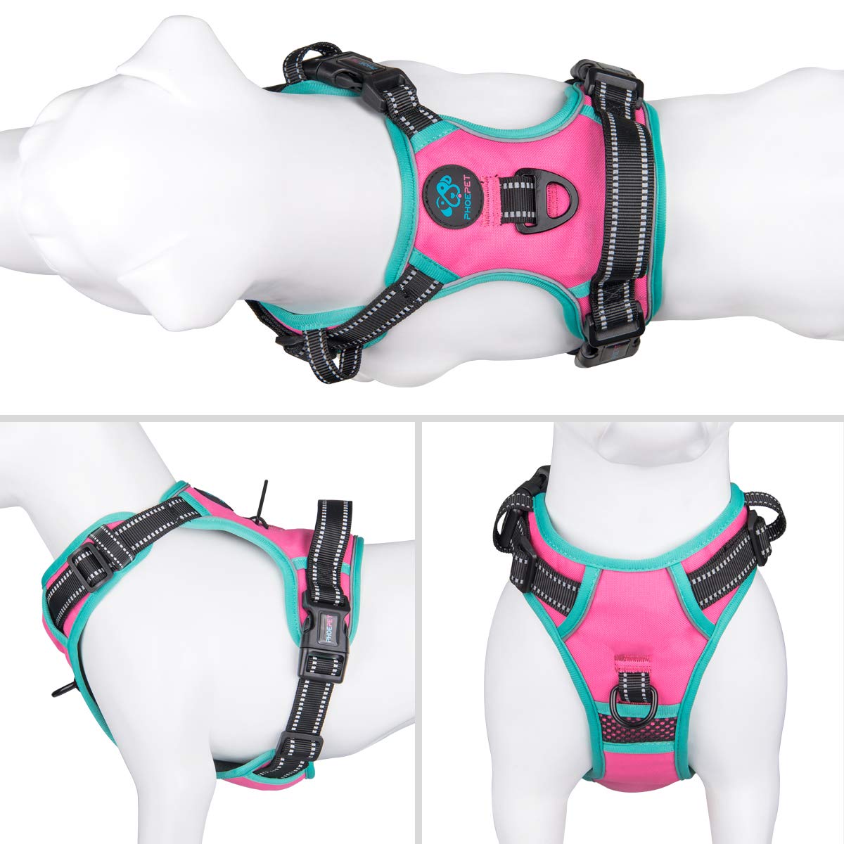 Phoepet 2019 Upgraded No Pull Dog Harness, Reflective Adjustable Vest, With A Training Handle + 2 Metal Leash Hooks+ 3 Snap Buck