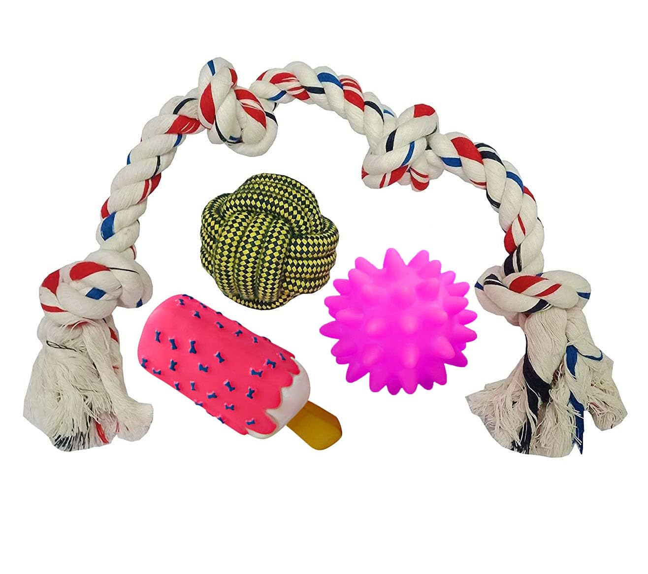 W9 Pet Products Combo Of 4 Natural Latex Squeaky Rubber Toy With 4Knotted Rope Toy For Small Breed Puppy Rope,Knotted Ball,Ice