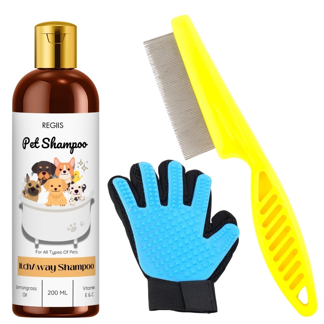 Regiis Pet Grooming Kit With AntiItch Shampoo, Blue Deshedding Glove, Yellow Flea Comb, 200Ml, For Dogs And Cats, Natural Lemon