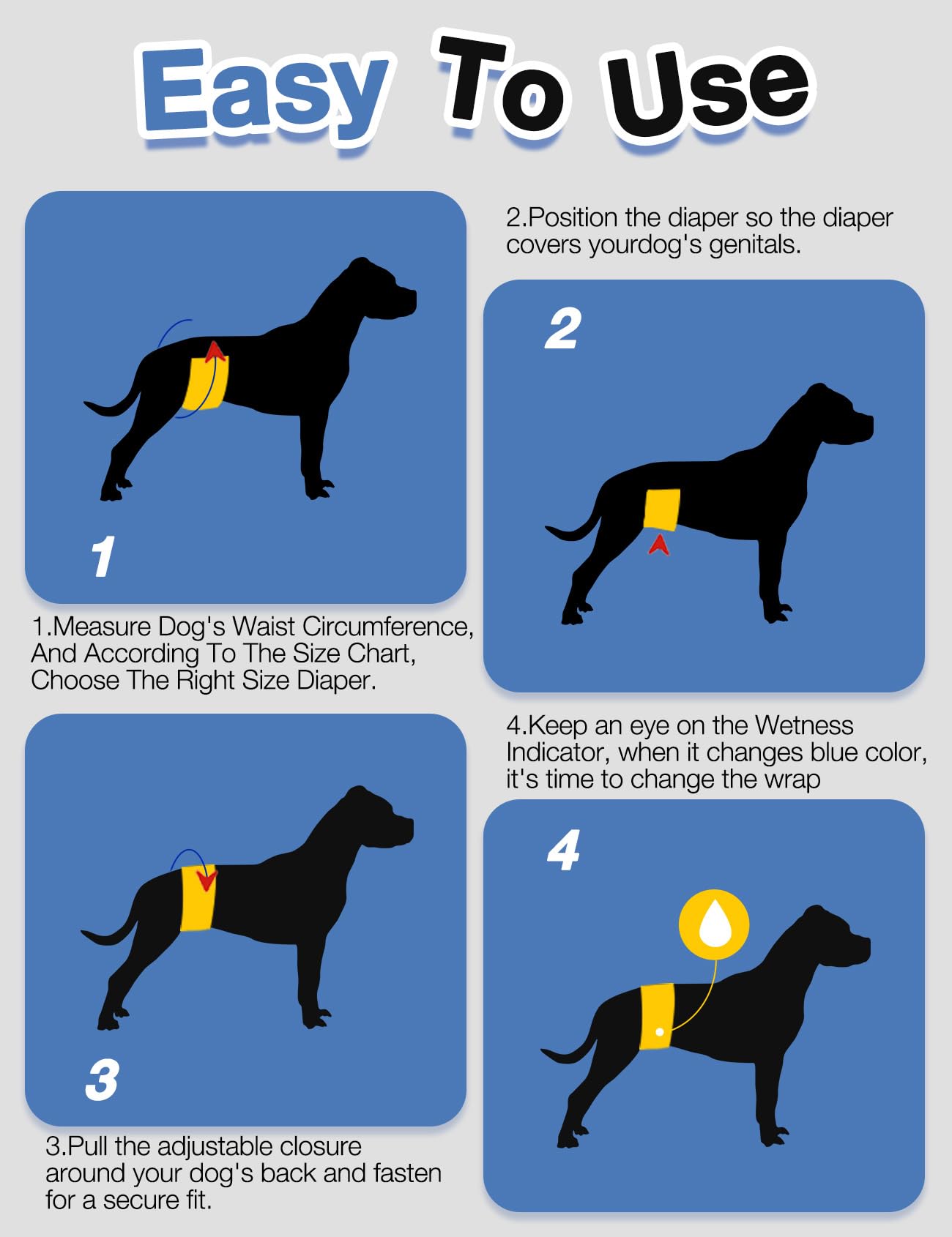 Dono Disposable Male Dog Diapers, Super Absorbent Wraps, M(18-25in), Blue Bone, Model DMD-2, 48 Pack, 360° Leak-Proof