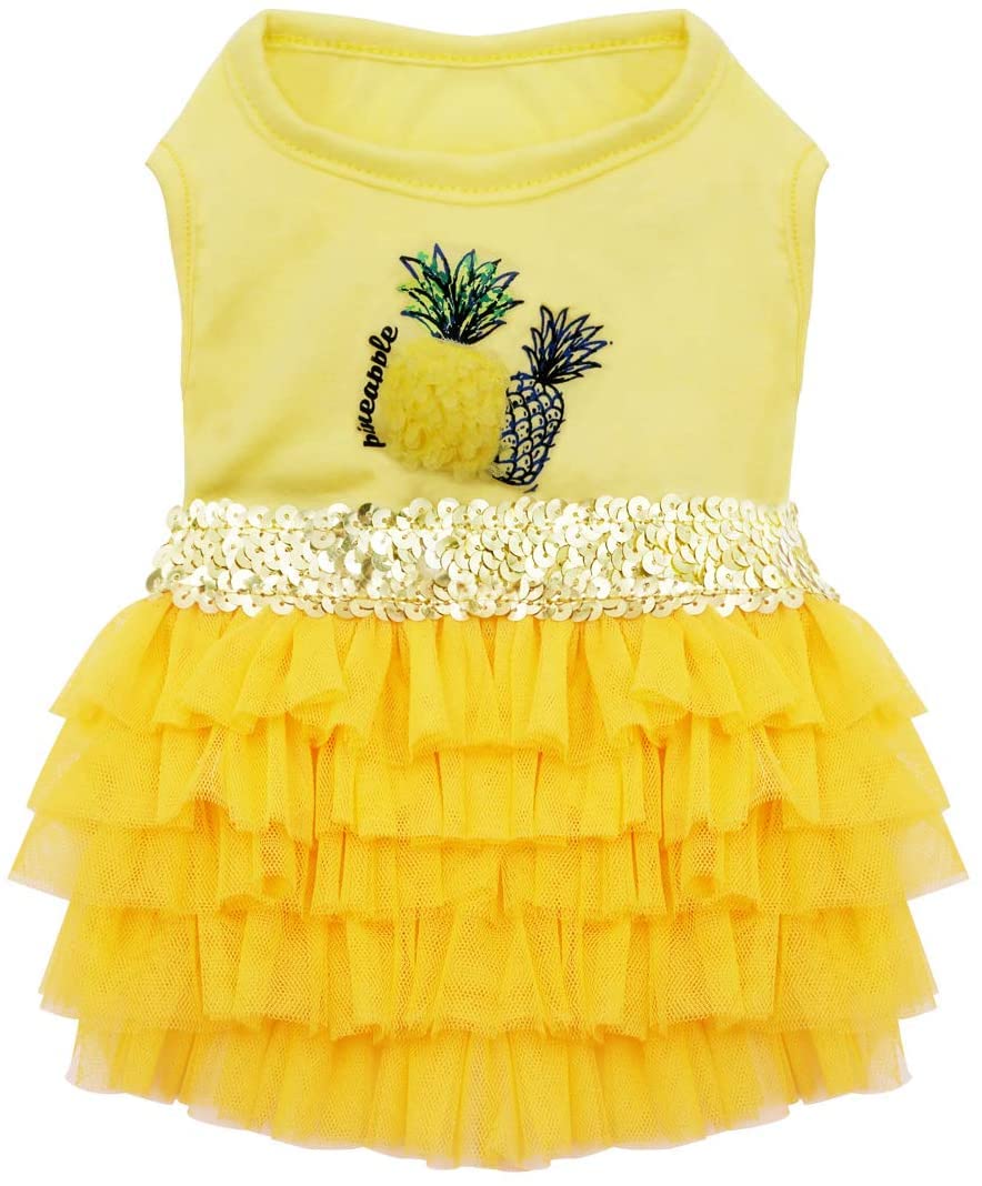 Kyeese Dog Dress Pineapple Yellow Tiered Dogs Beach Dresses With Sequins For Small Dogs Spring Summer