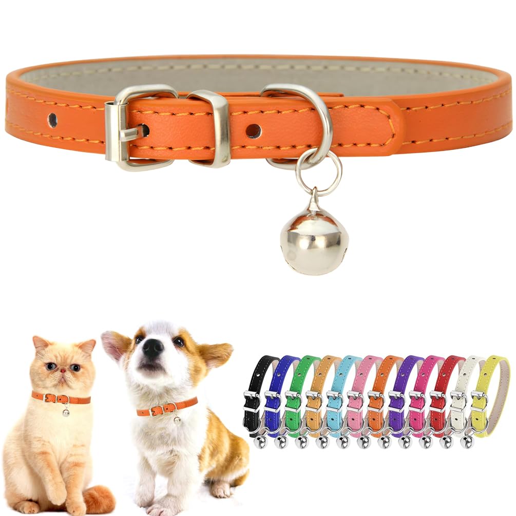 Orange Xs Dog Collar With Bell Leather Puppy Collar With Bell Adjustable Buckle Kitten Cat Collars For Xxsmall Xsmall Tiny Littl