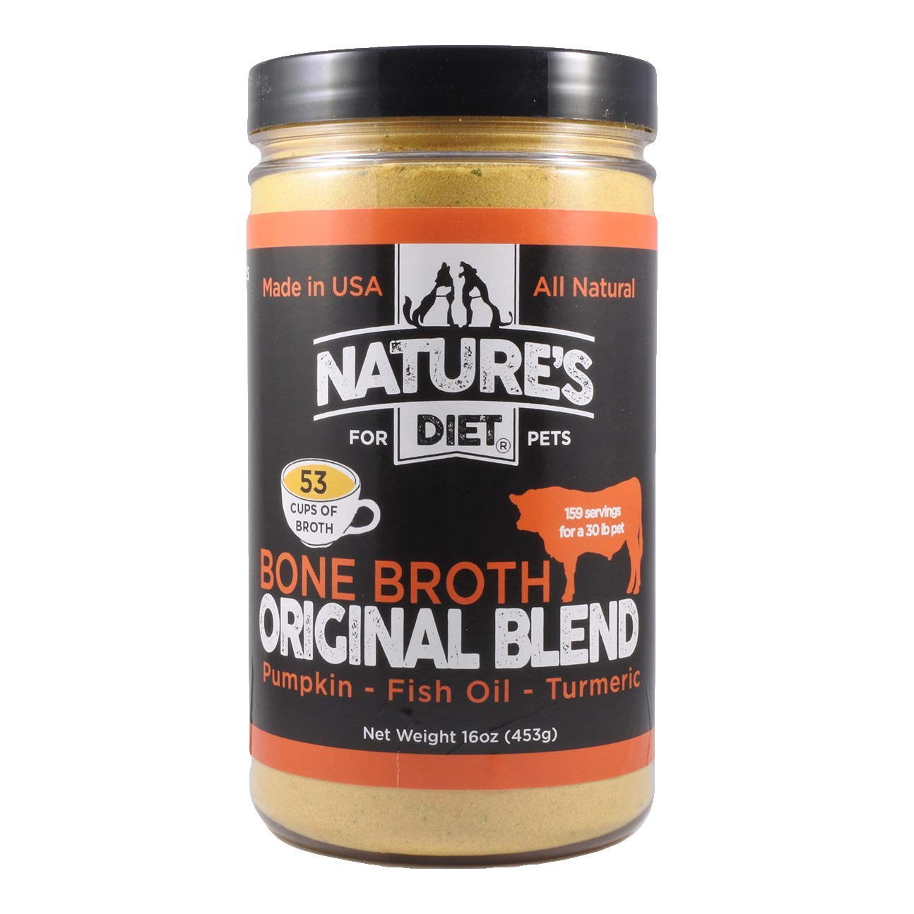 Natures Diet Pet Bone Broth Protein Powder with Pumpkin, Fish Oil and Turmeric (Beef, 16 oz = 159 Servings)