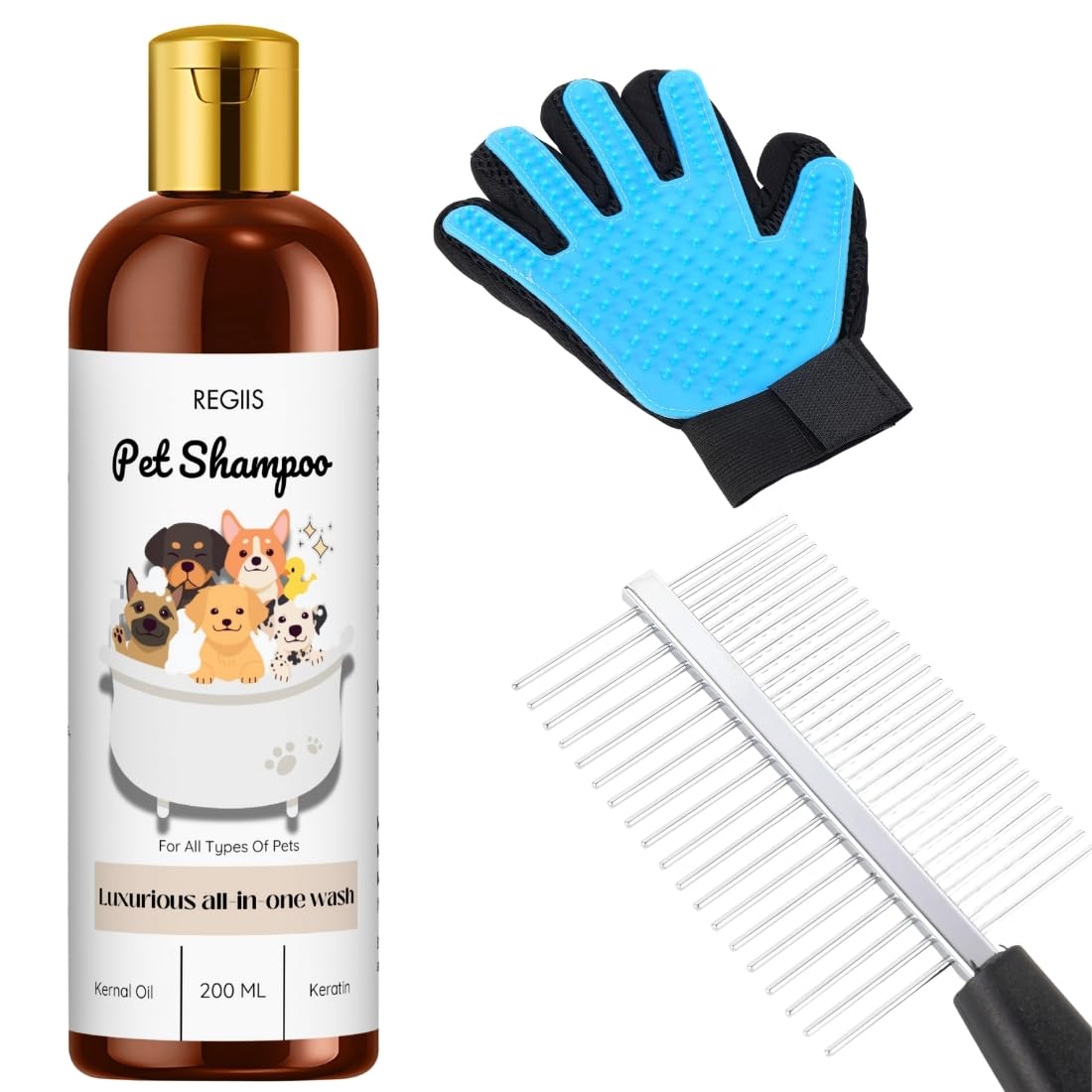Regiis Pet Grooming Kit With Shampoo, Deshedding Glove, Metal Comb, 200Ml AllInOne Wash With Kernal Oil, Keratin For Dogs, Cat