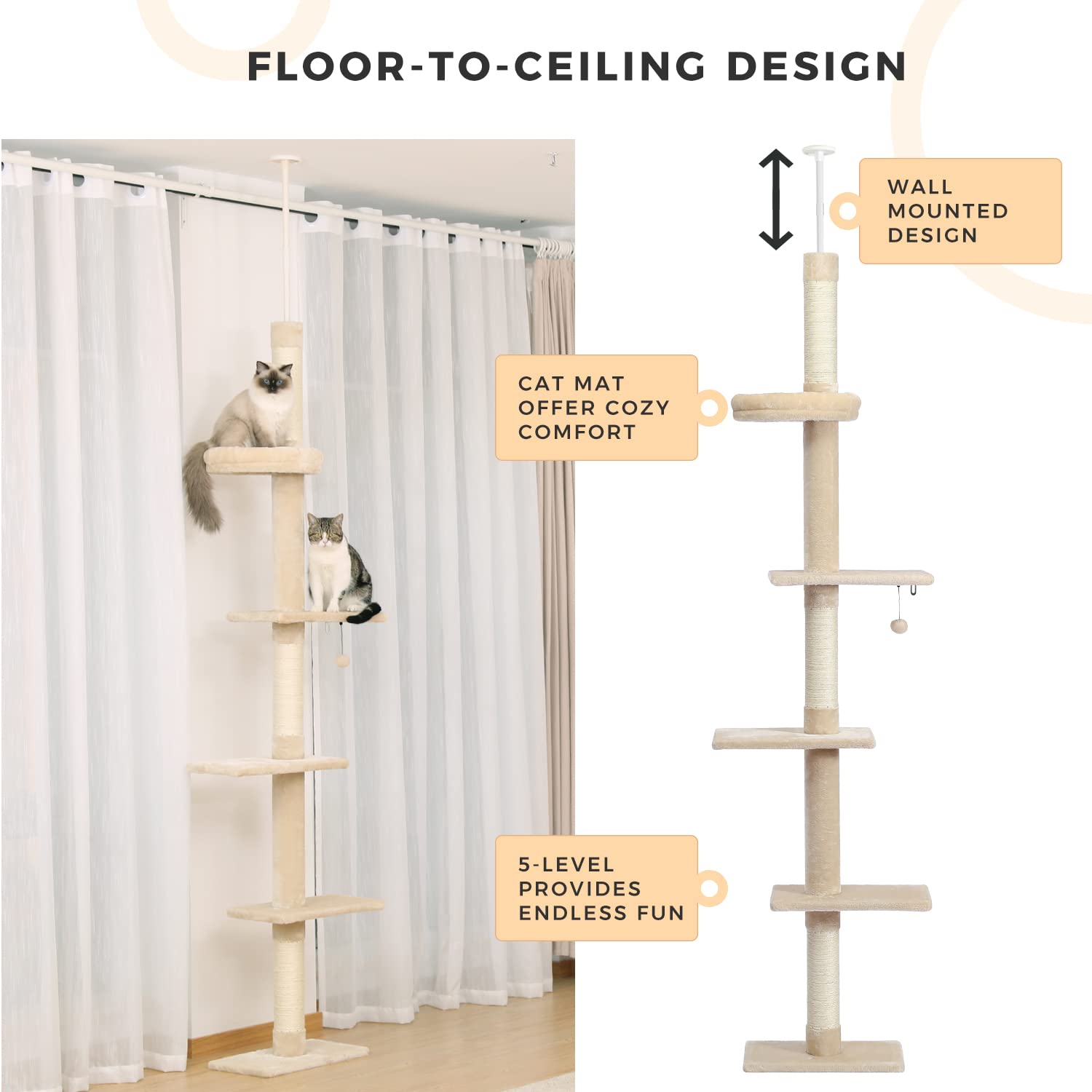 PETEPELA Cat Tree 5-Tier Adjustable Tower (95-108") - Beige Plush Activity Center with Scratching Post & Cozy Bed